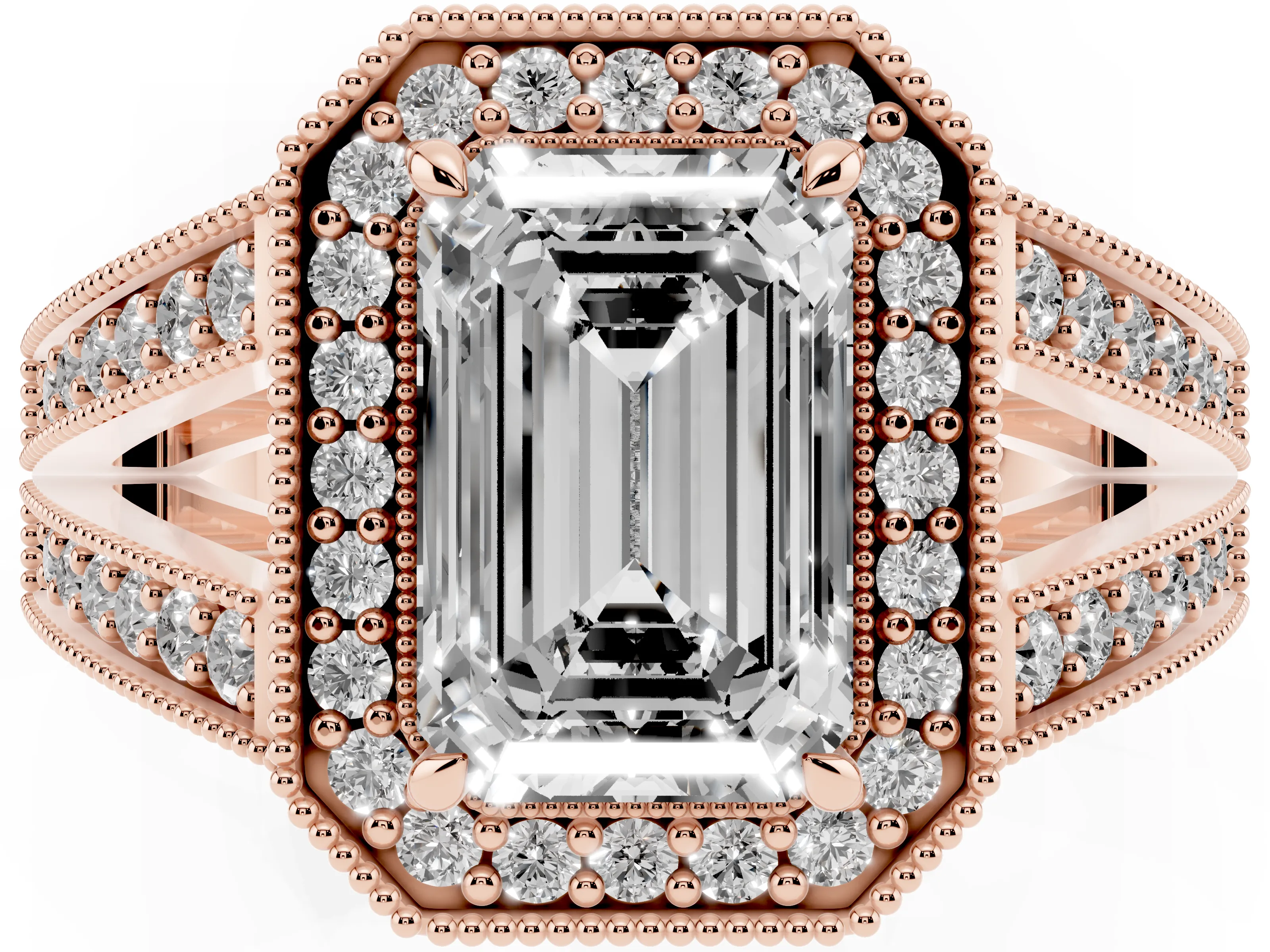 Emerald Cut Diamond Halo Ring Set in Rose gold with Stone-Set Split Shank and Milgrain Edges