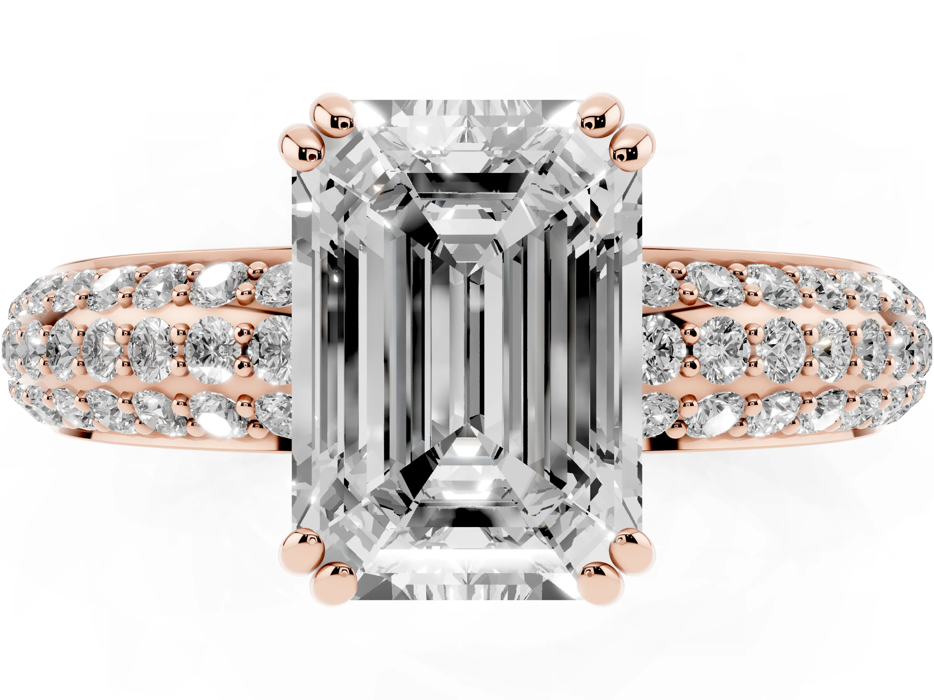 Emerald Cut Diamond Solitaire Ring Set in Rose gold with Multi-Row Round Pavé Band and Prong Setting