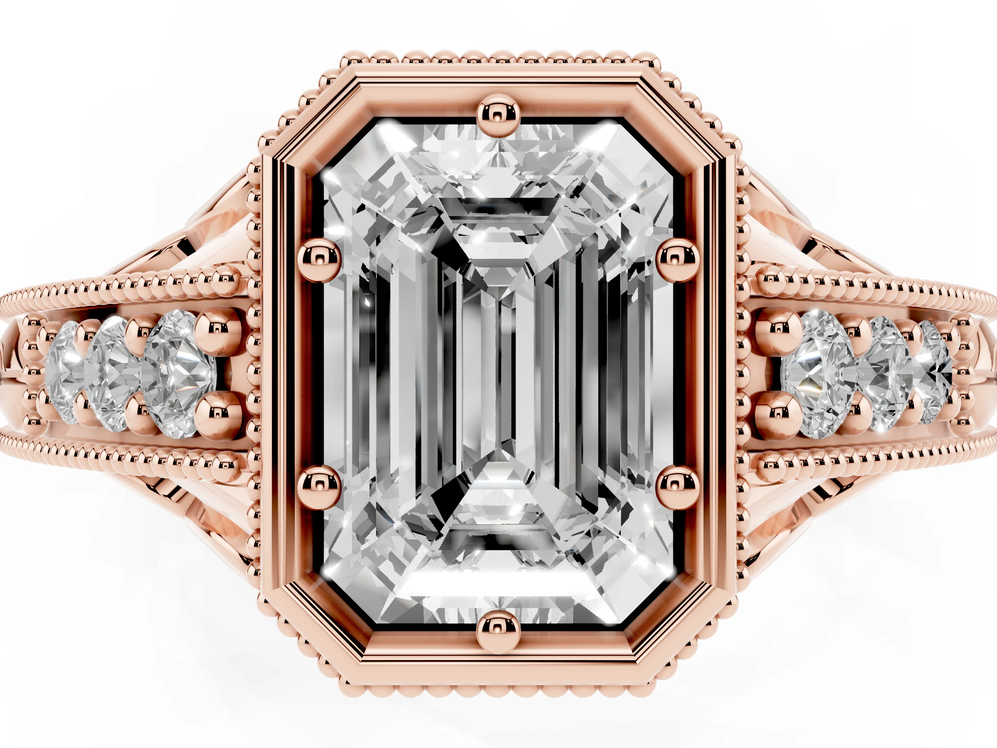 Bezel Set Emerald Cut Diamond Milgrain Pavé Engagement Ring Set in Rose gold