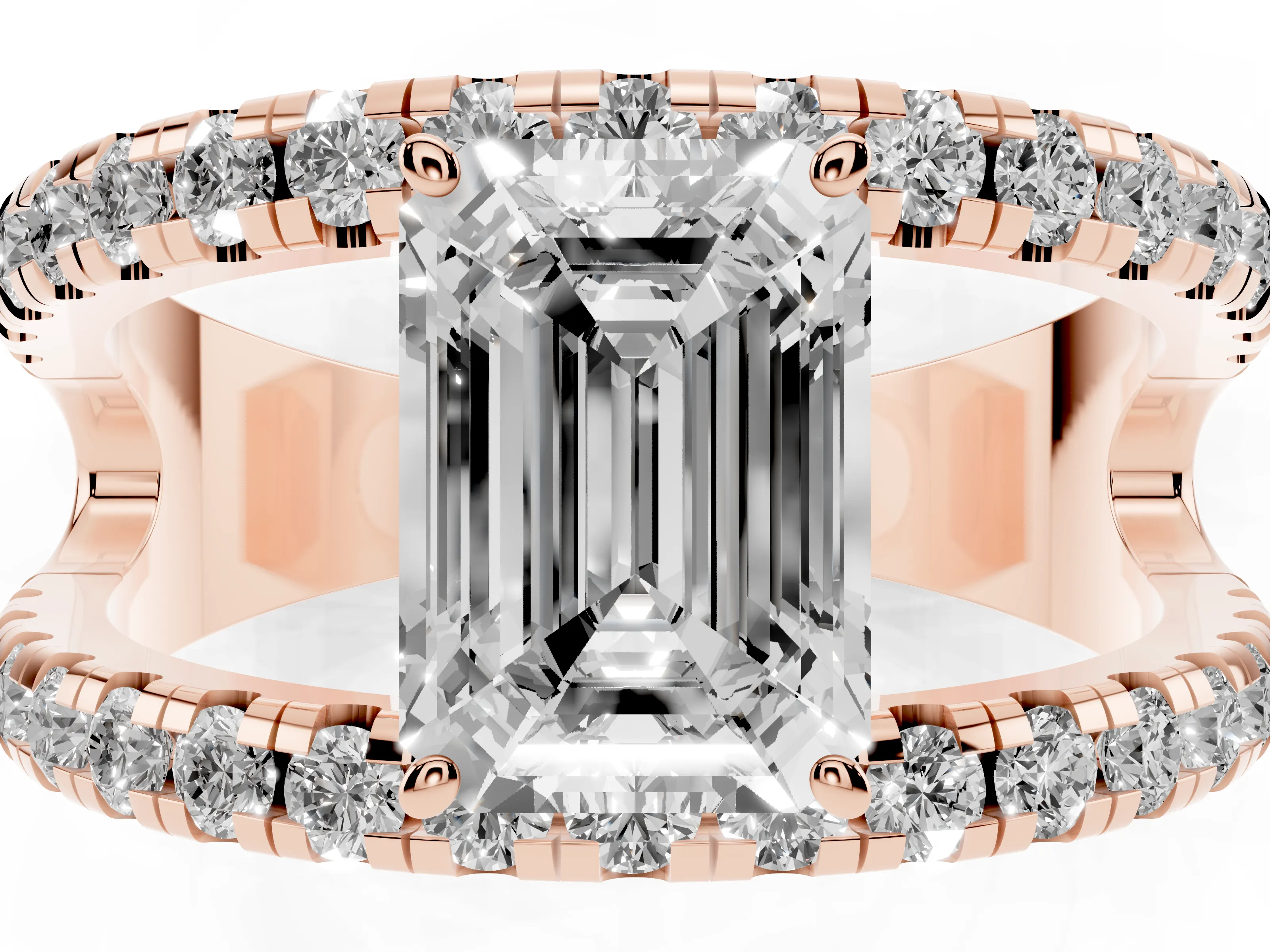Emerald Cut Diamond Split Shank Pavé Solitaire Ring Set in Rose gold with Open Shank Design