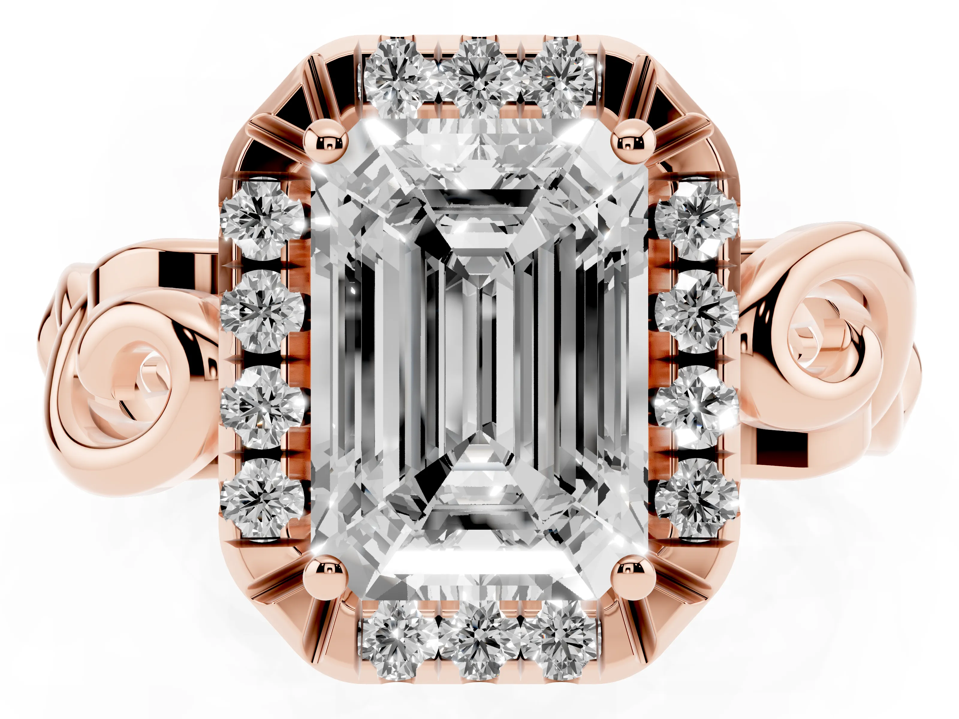 Emerald Cut Vintage Filigree Halo Engagement Ring Setting | Scroll Shoulders | Rose Gold