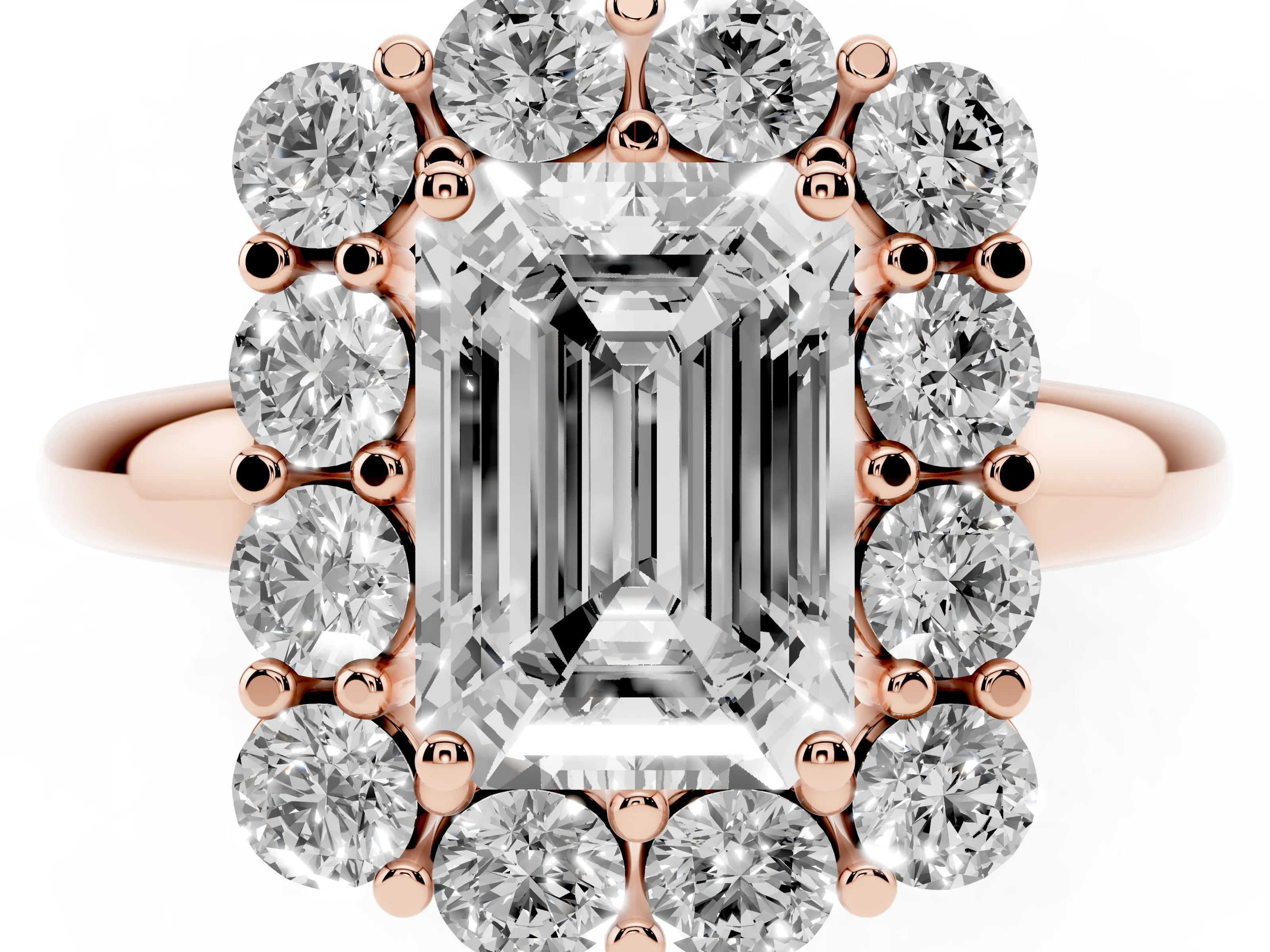 Emerald Cut Diamond Halo Cluster Engagement Ring Set in Rose gold with Polished Band and Prong Setting
