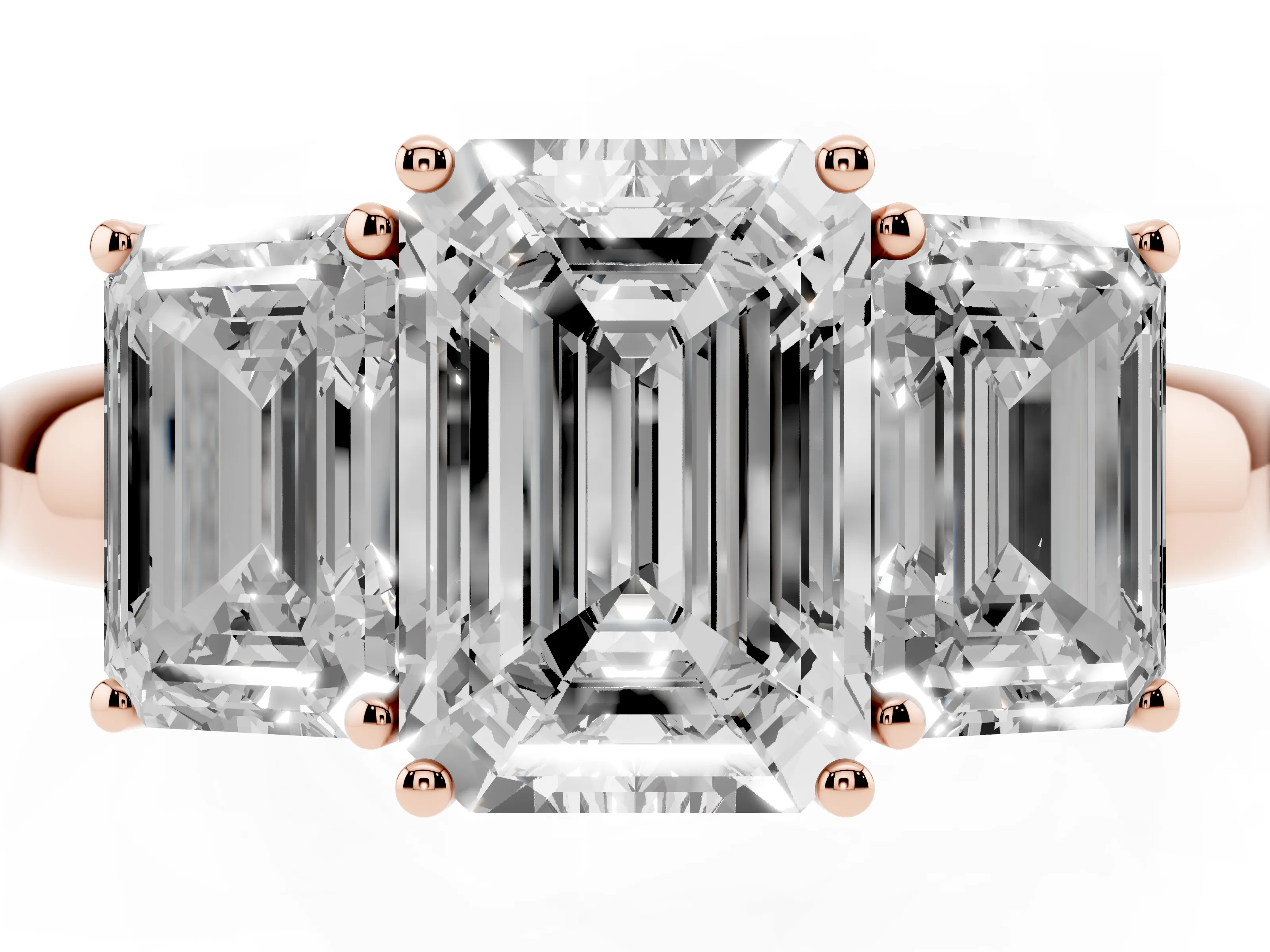 Emerald Cut Diamond Three-Stone Ring Set in Rose gold with Bold Center and Classic Band