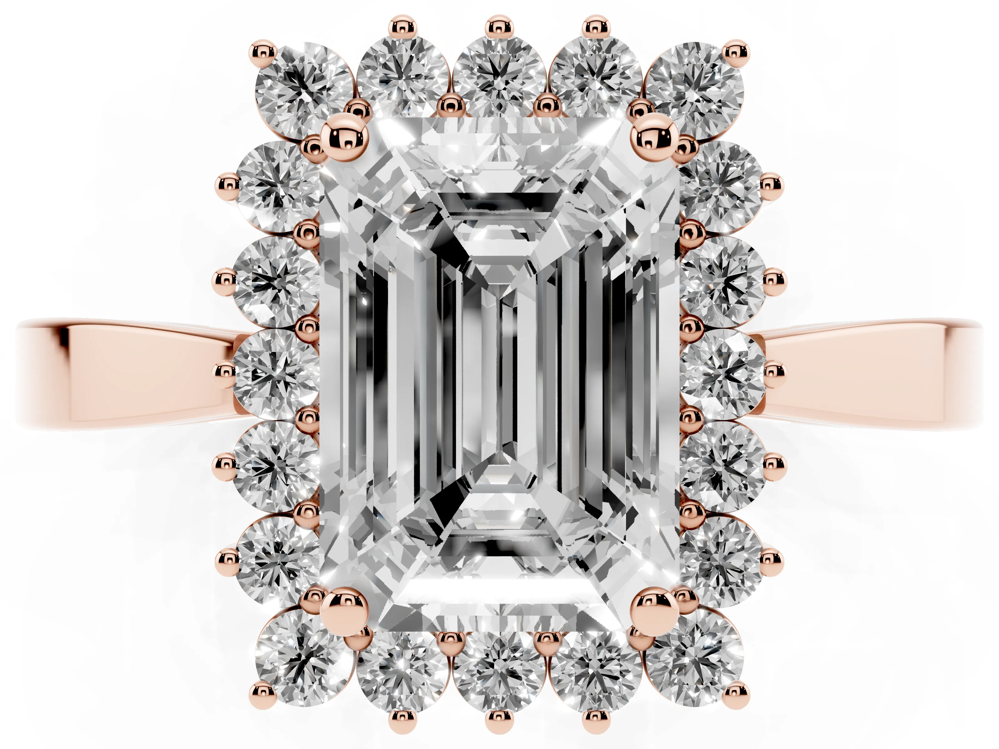 Emerald Cut Diamond Halo Ring Set in Rose gold with Round Halo and Smooth Solitaire Band