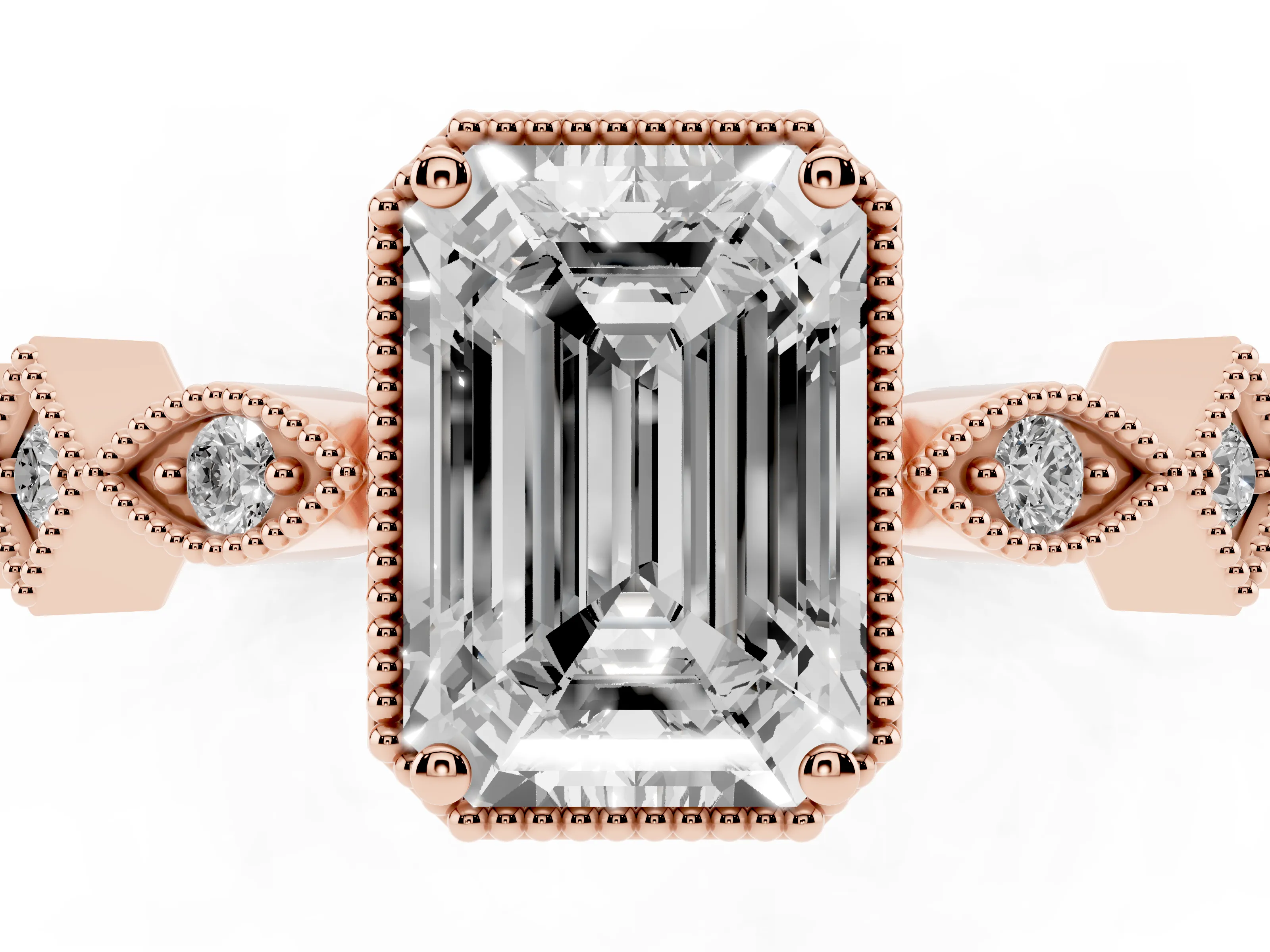 Emerald Cut Diamond Milgrain Marquise Twist Band Ring Set in Rose gold with Prong Setting