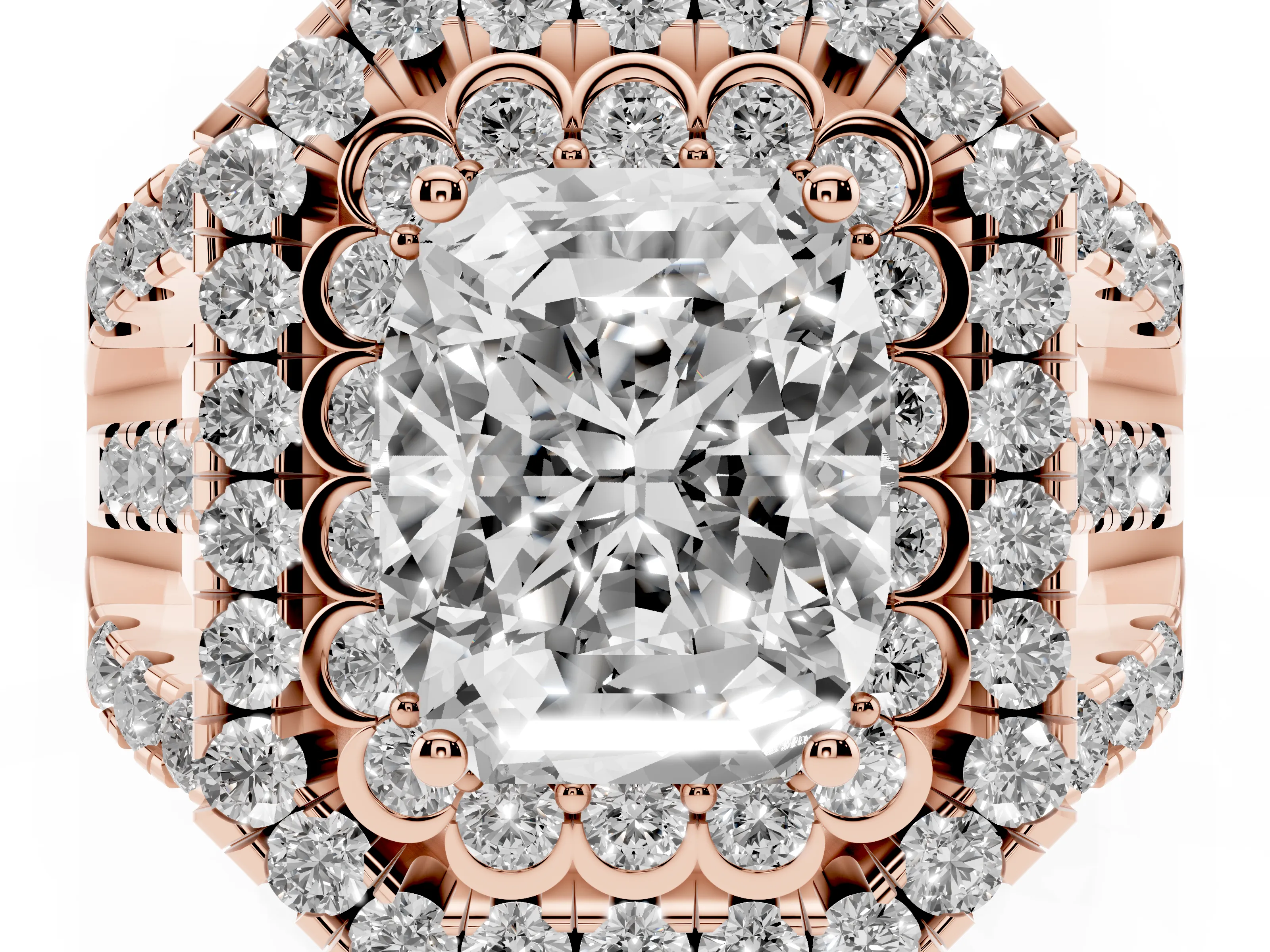 Emerald Cut Diamond Double Halo Ring Set in Rose gold with Round Pavé Split Shank