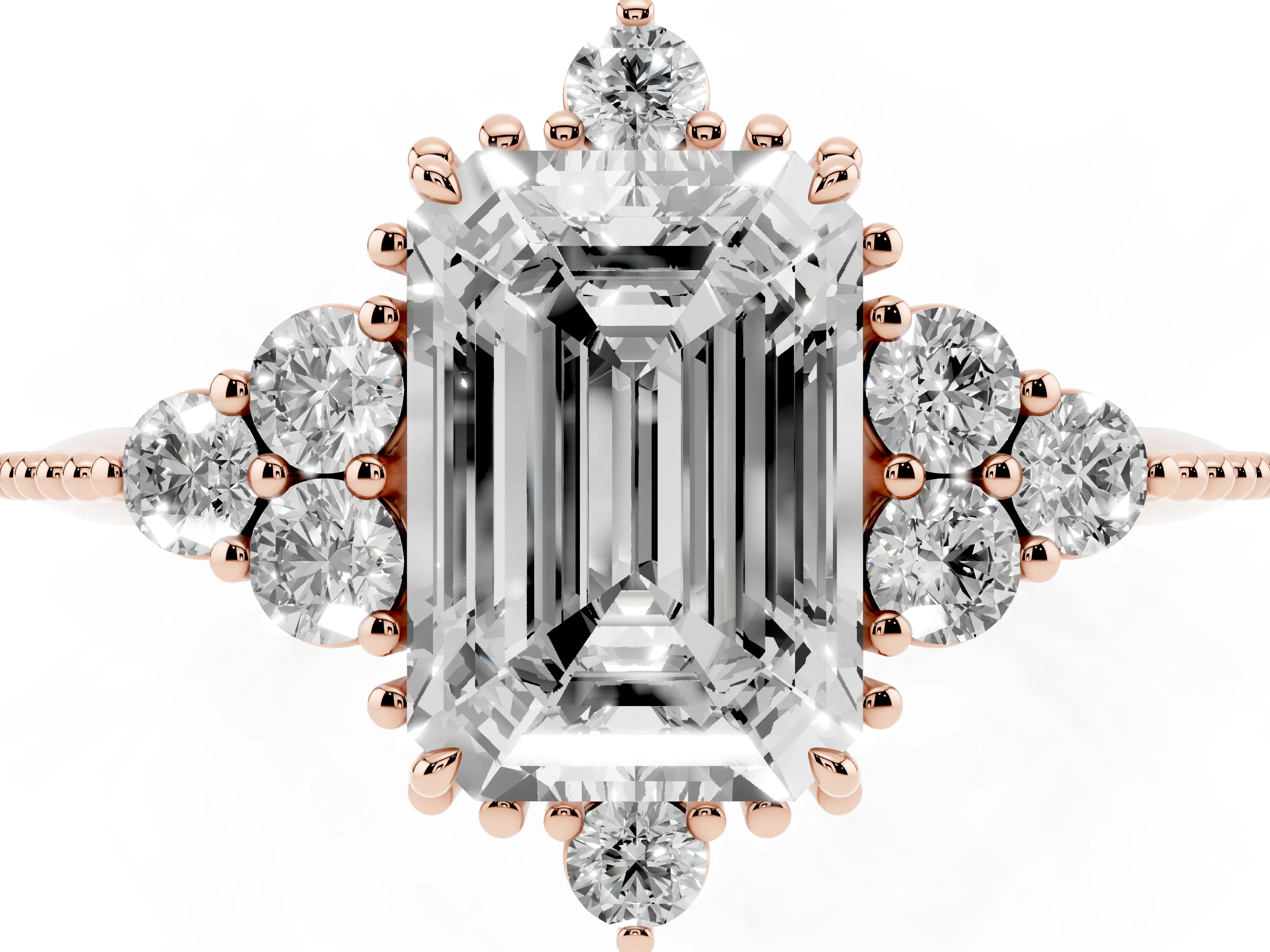 Emerald Cut Diamond Cluster Ring Set in Rose gold with Beaded Band