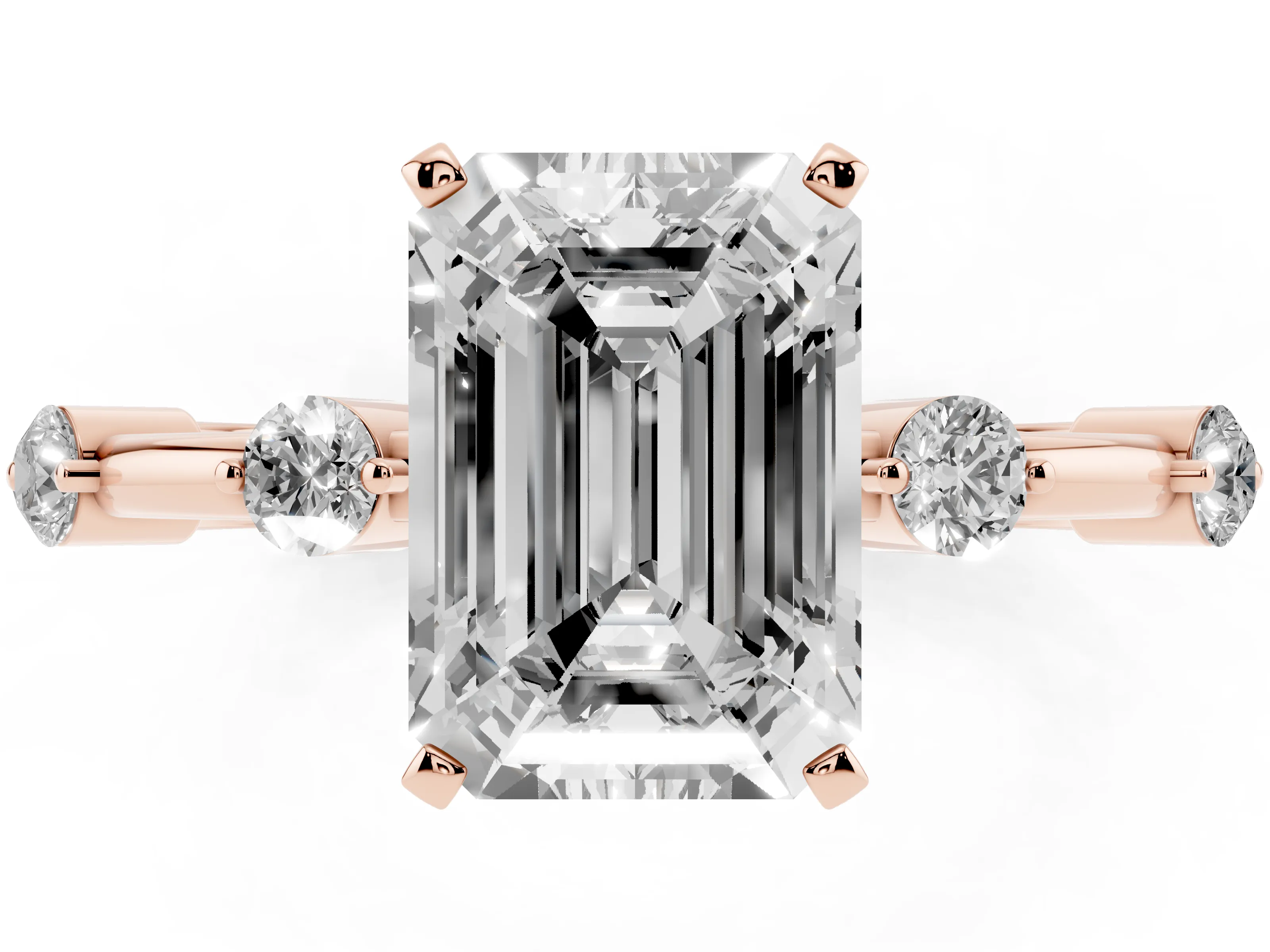 Emerald Cut Diamond Solitaire Ring Set in Rose gold with Bezel Set Side Stones and Prong Setting