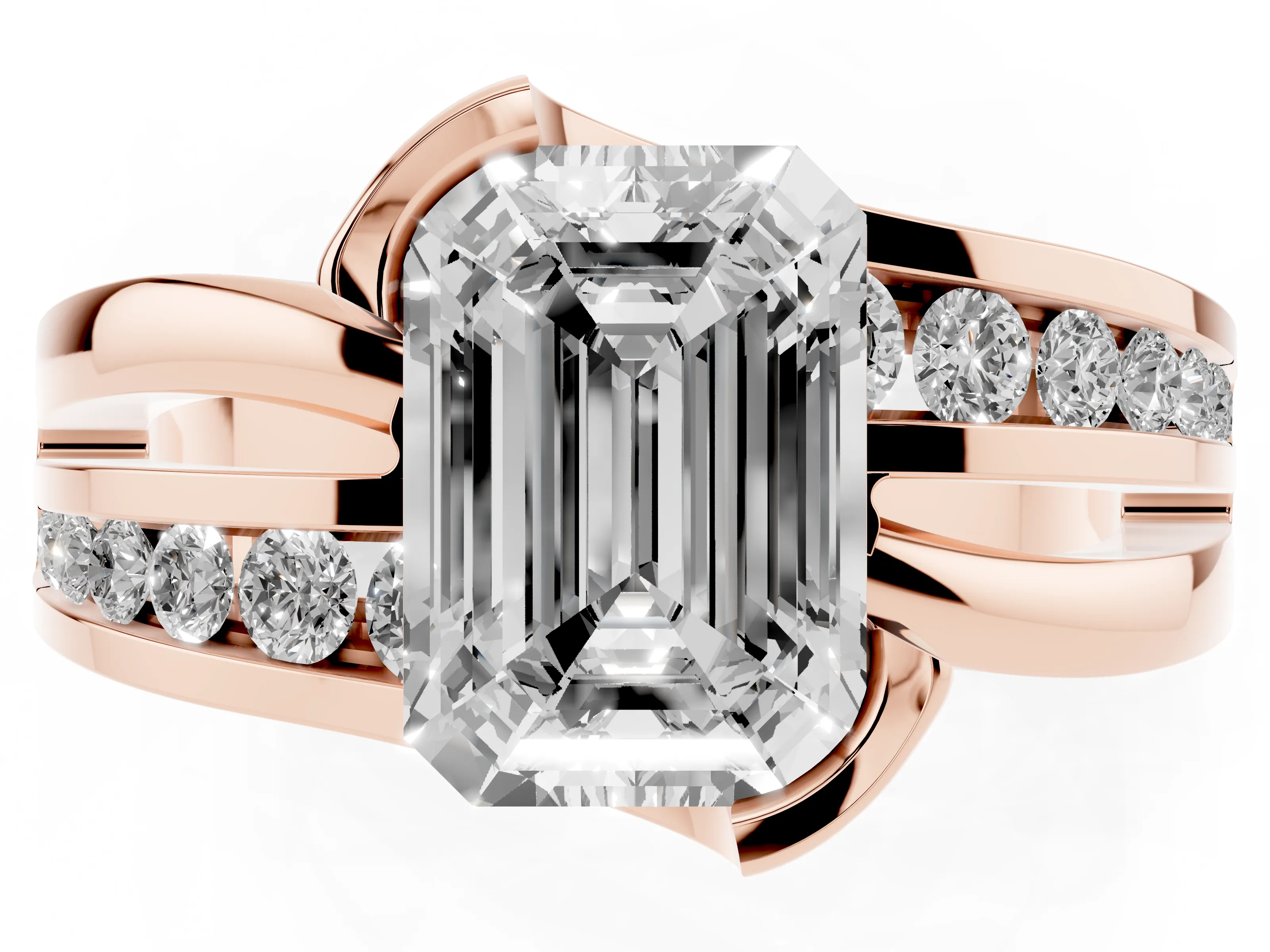 Emerald Cut Diamond Solitaire Ring Set in Rose gold with Channel Set Split Shank and Tension Prongs