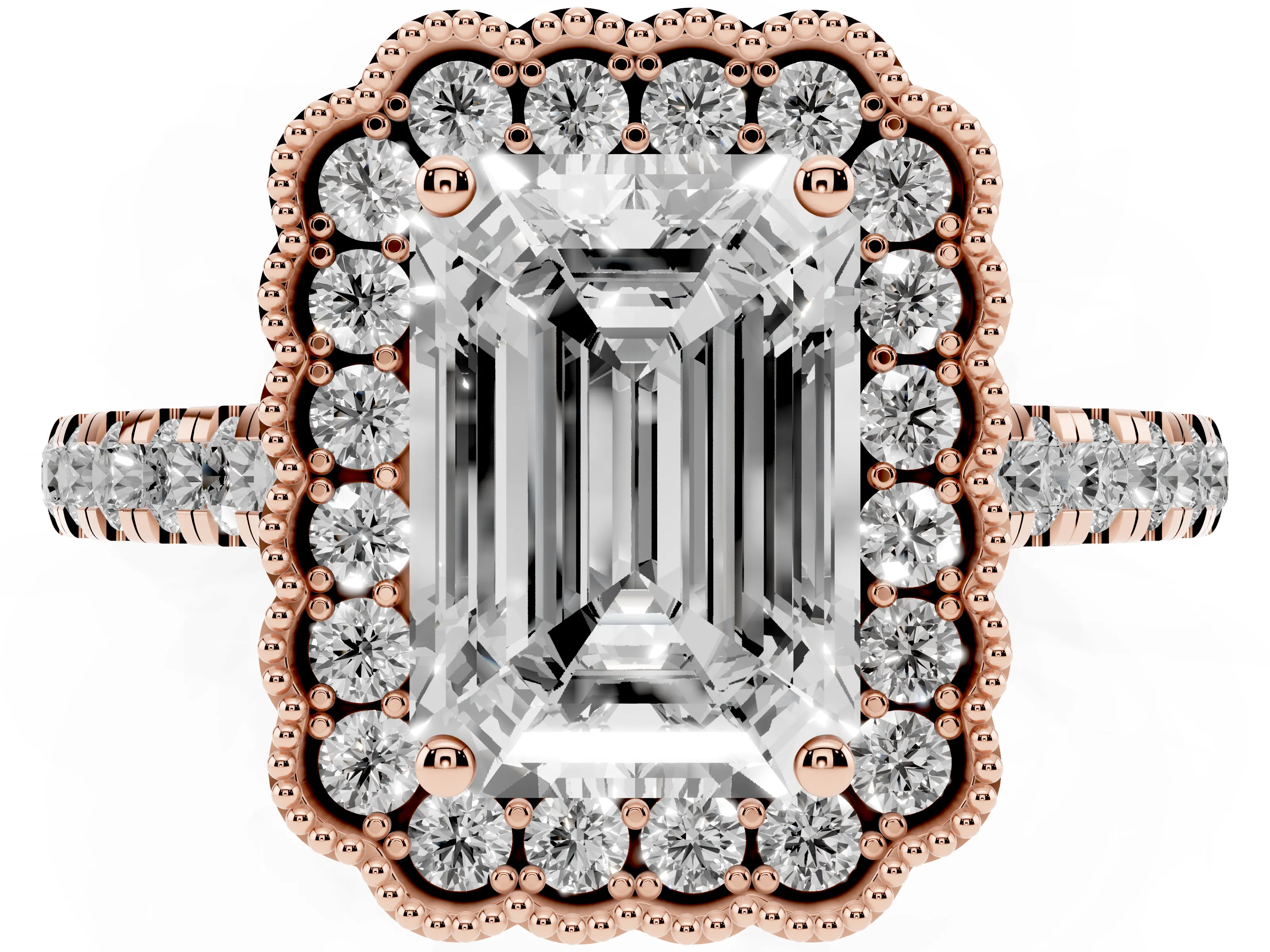 Emerald Cut Diamond Milgrain Floral Halo Engagement Ring Set in Rose gold with Pavé Band