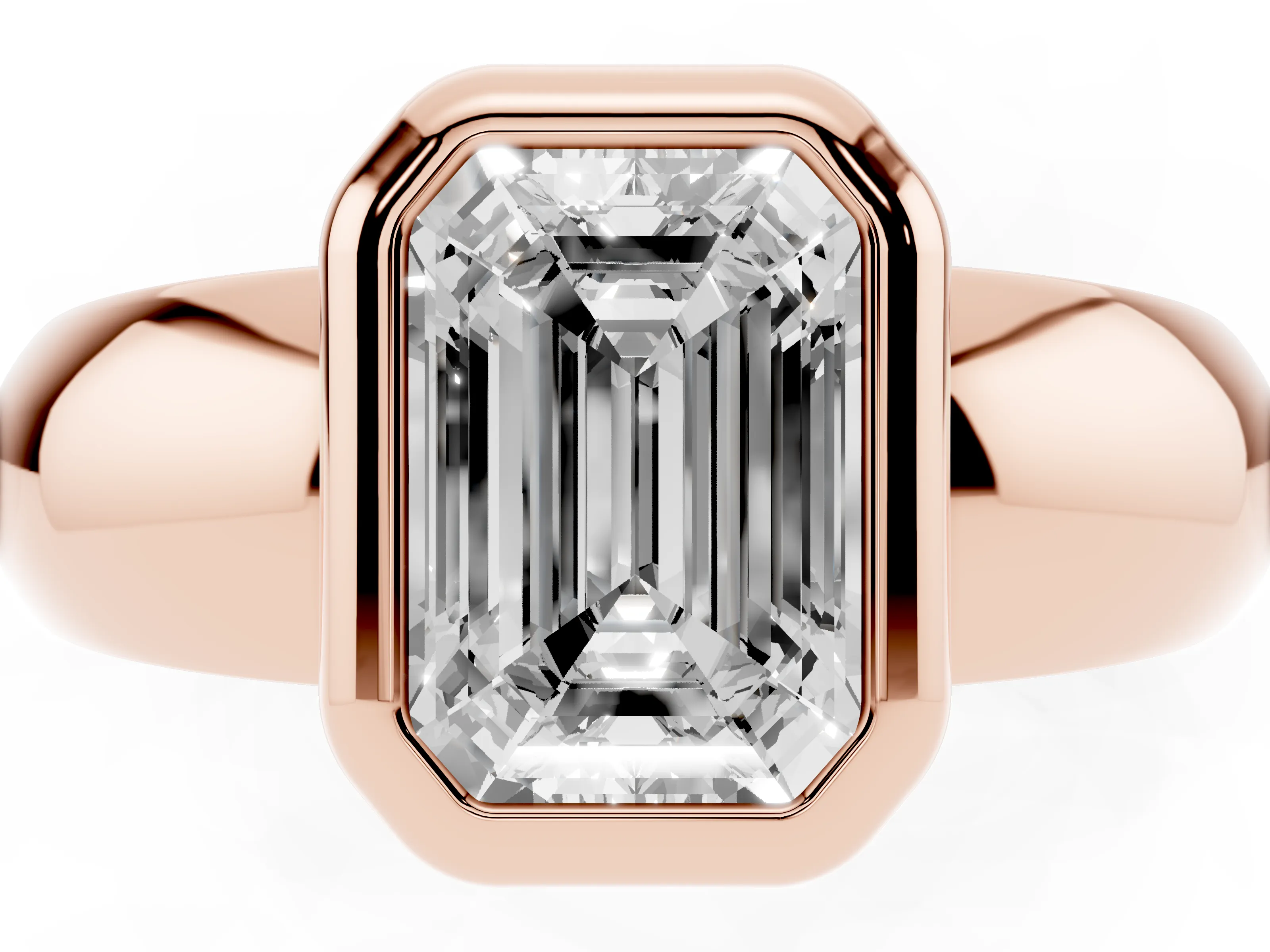 Bezel Set Emerald Cut Diamond Solitaire Ring Set in Rose gold with Wide Band