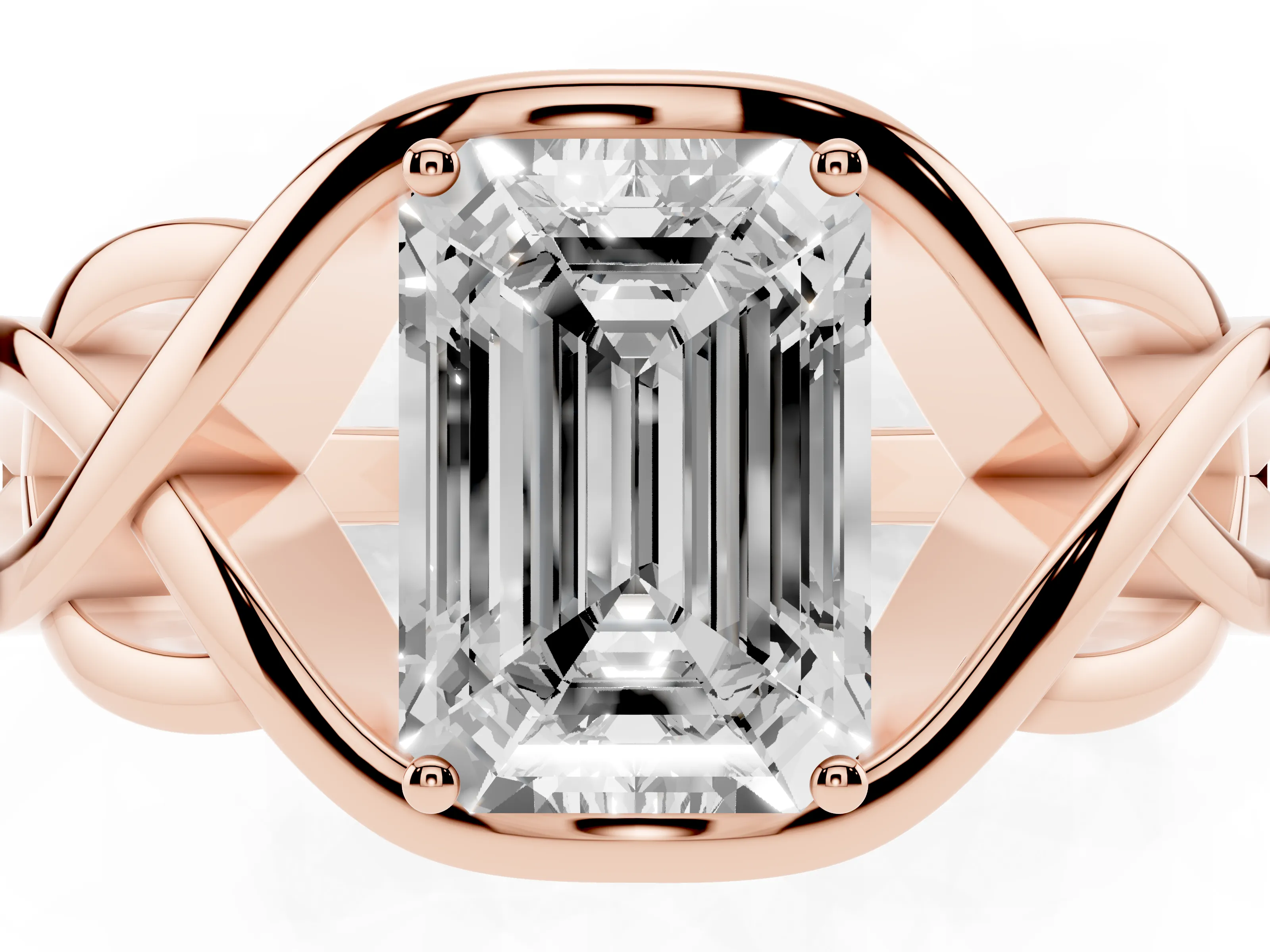 Emerald Cut Diamond Solitaire Ring Set in Rose gold with Intertwined Band