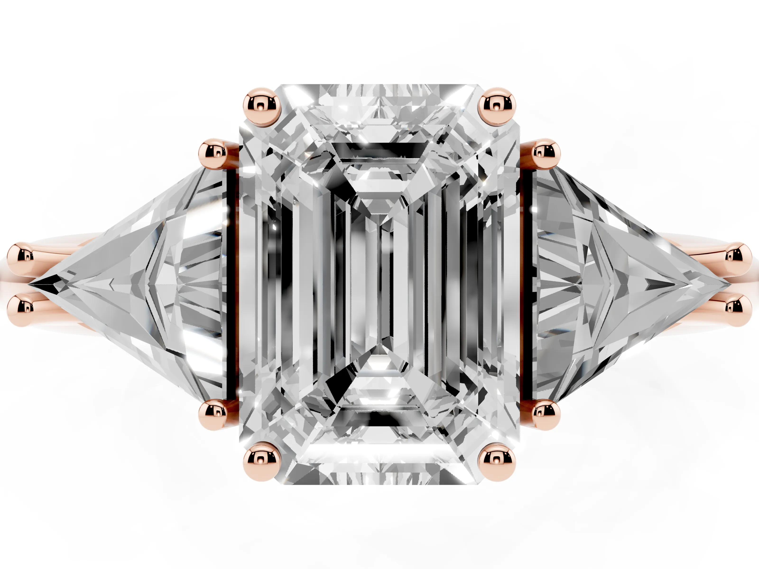 Emerald Cut Diamond Three-Stone Engagement Ring Set in Rose gold with Trillion Side Stones