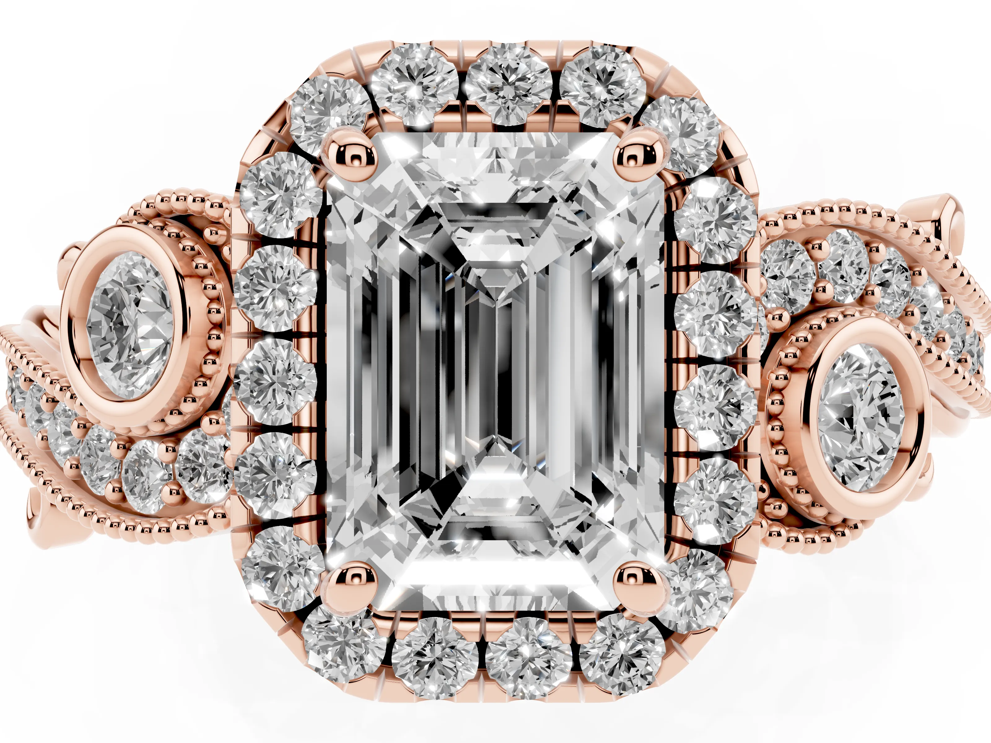 Emerald Cut Diamond Halo Ring Set in Rose gold with Milgrain Pavé Band and Prong Setting