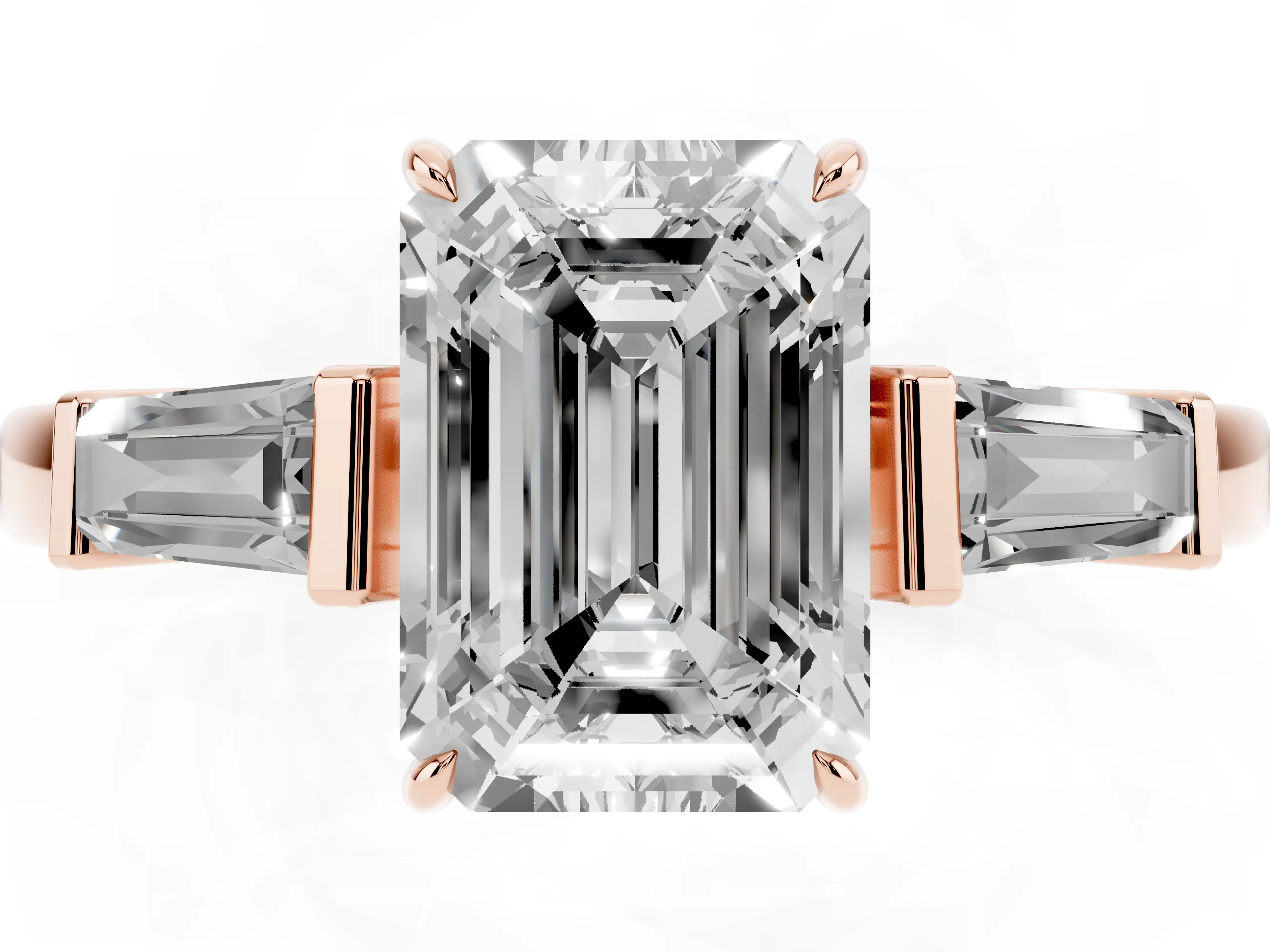 Emerald Cut Diamond Three-Stone Ring Set in Rose gold with Tapered Baguette Side Stones and Prong Setting