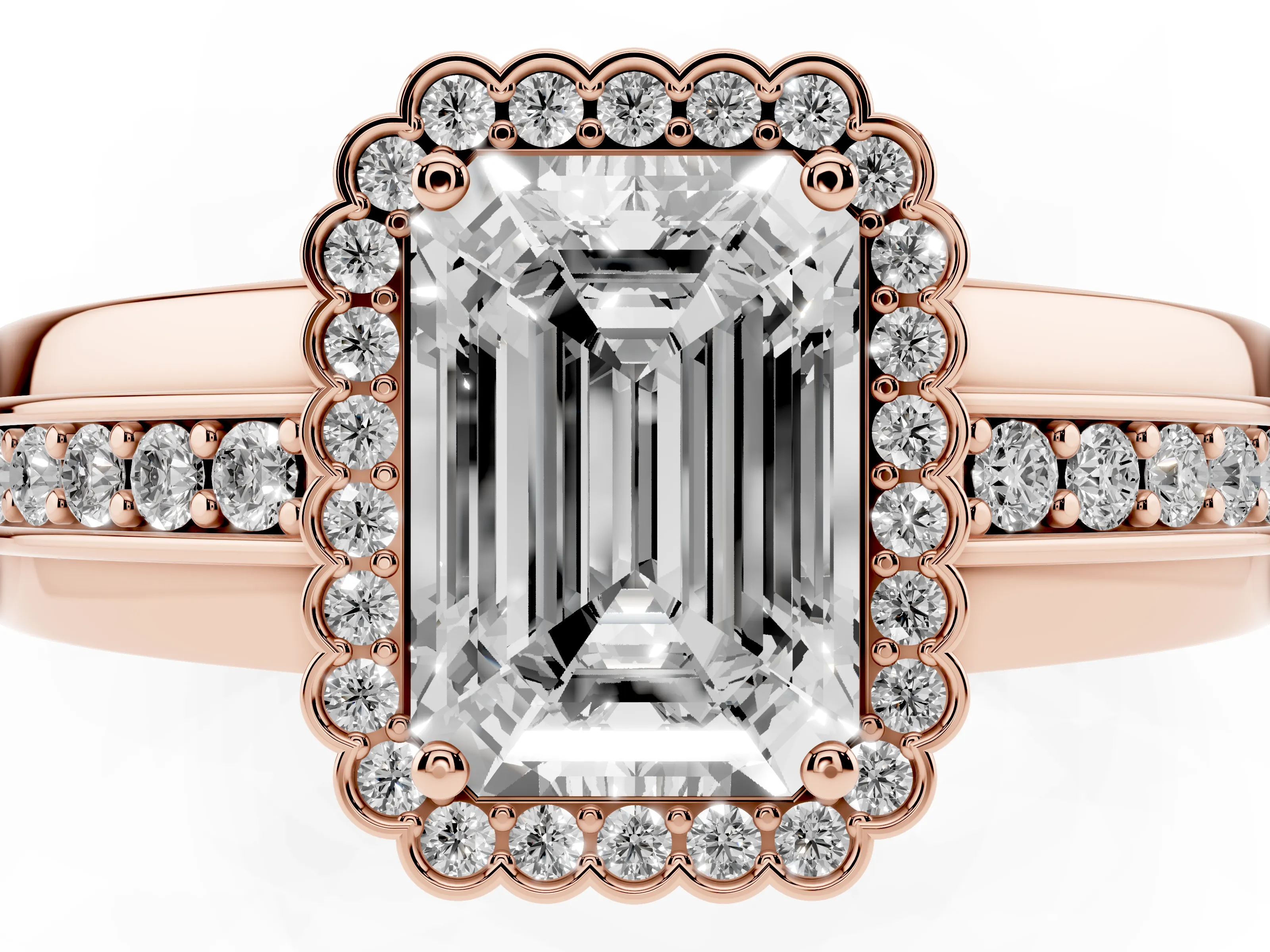 Emerald Cut Diamond Halo Prong Ring Set in Rose gold with Pavé Band