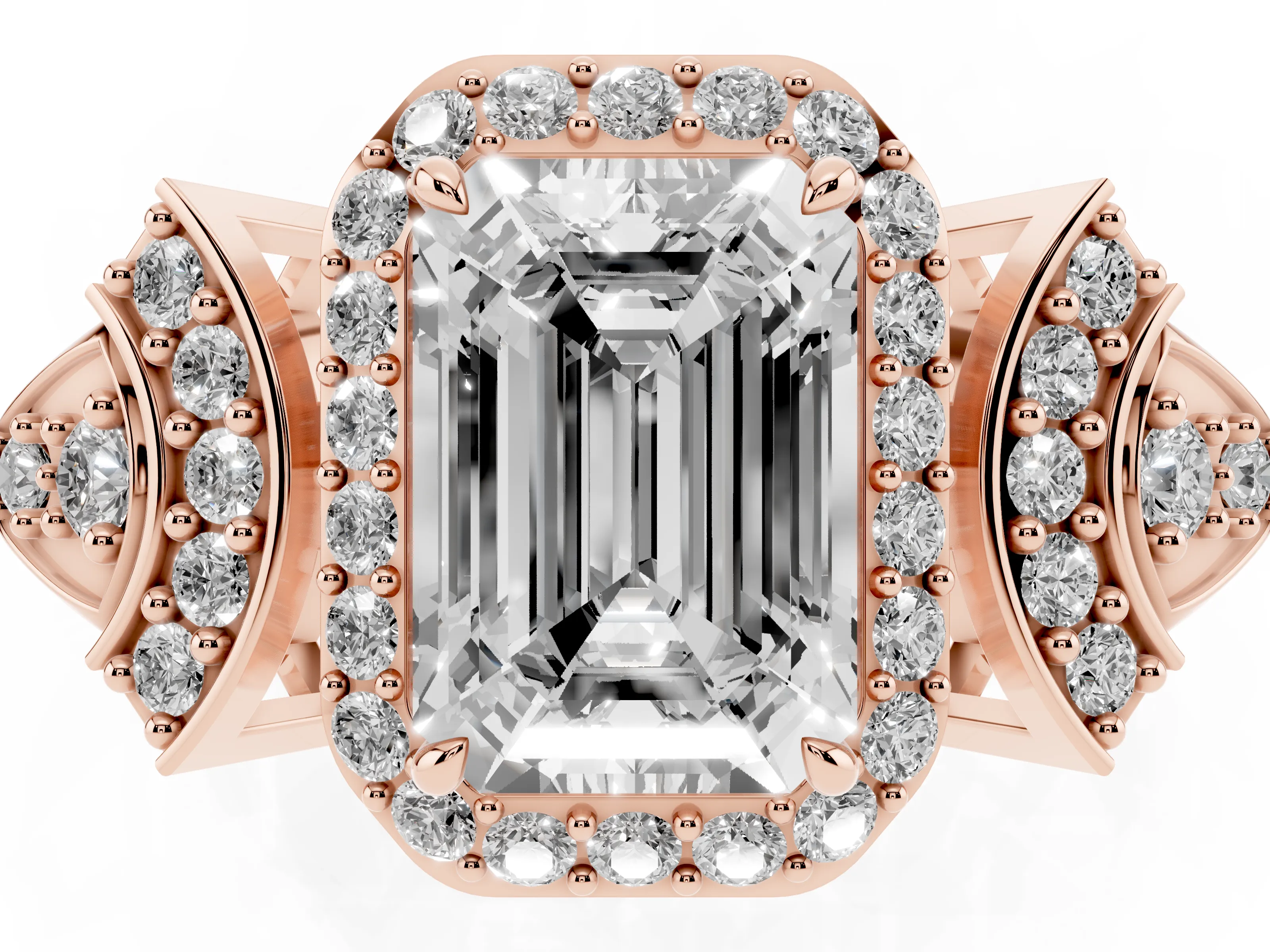 Emerald Cut Diamond Halo Engagement Ring Set in Rose gold with Accent Stone Split Shank