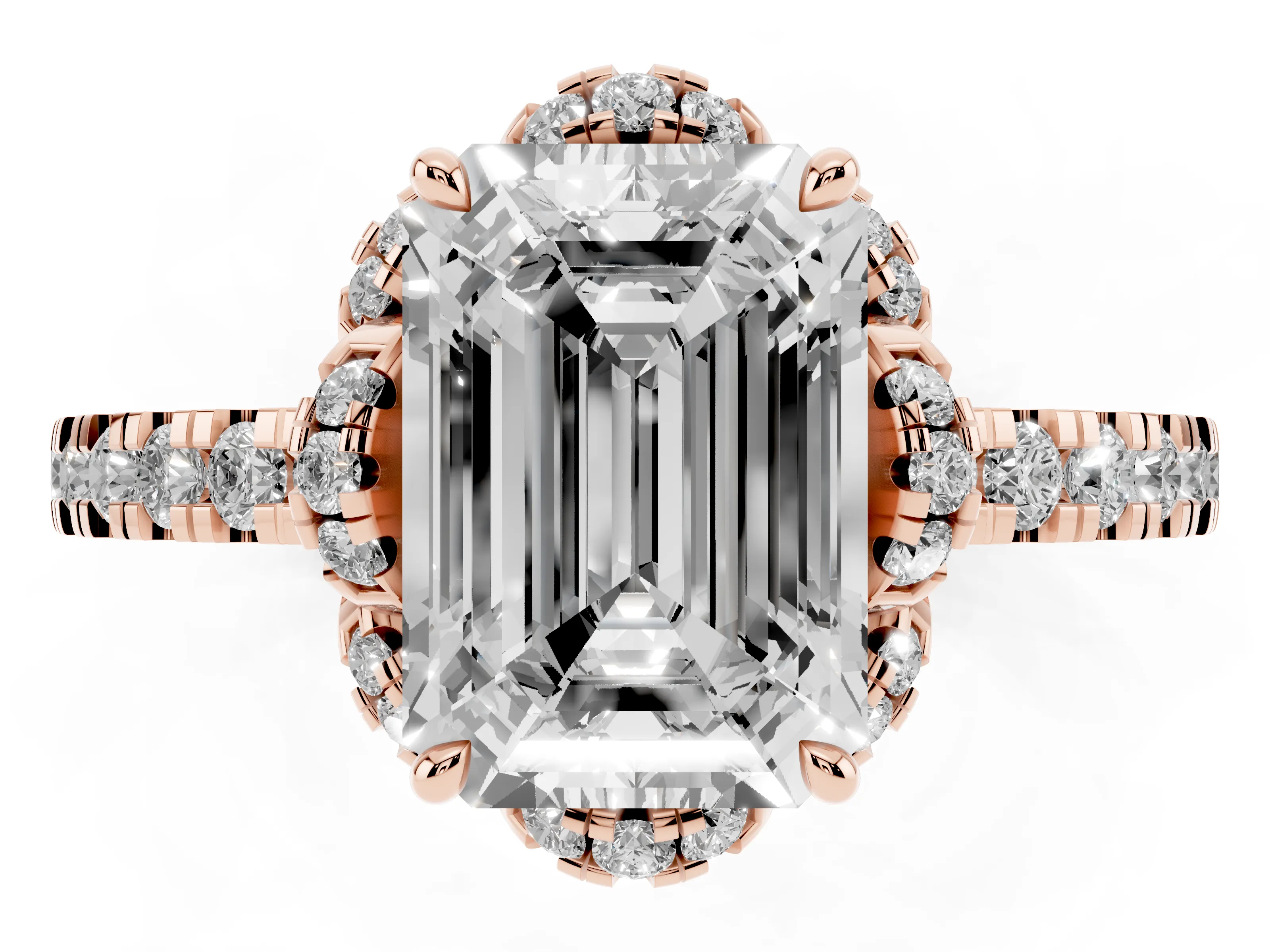 Emerald Cut Diamond Halo Pavé Band Ring Set in Rose gold with Prong-Held Center