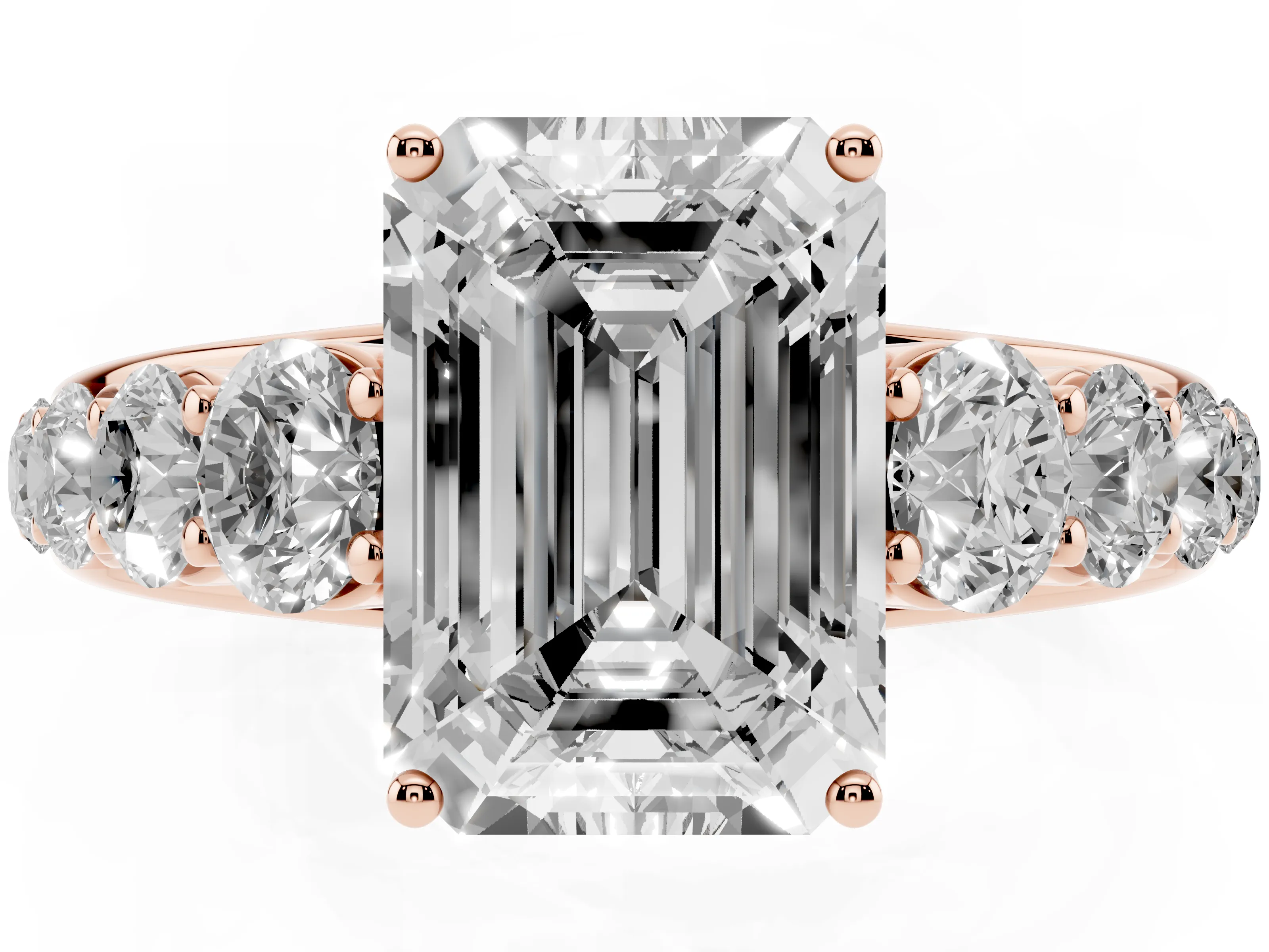 Emerald Cut Diamond Solitaire Ring Set in Rose gold with Pavé-Set Band and Prong Setting