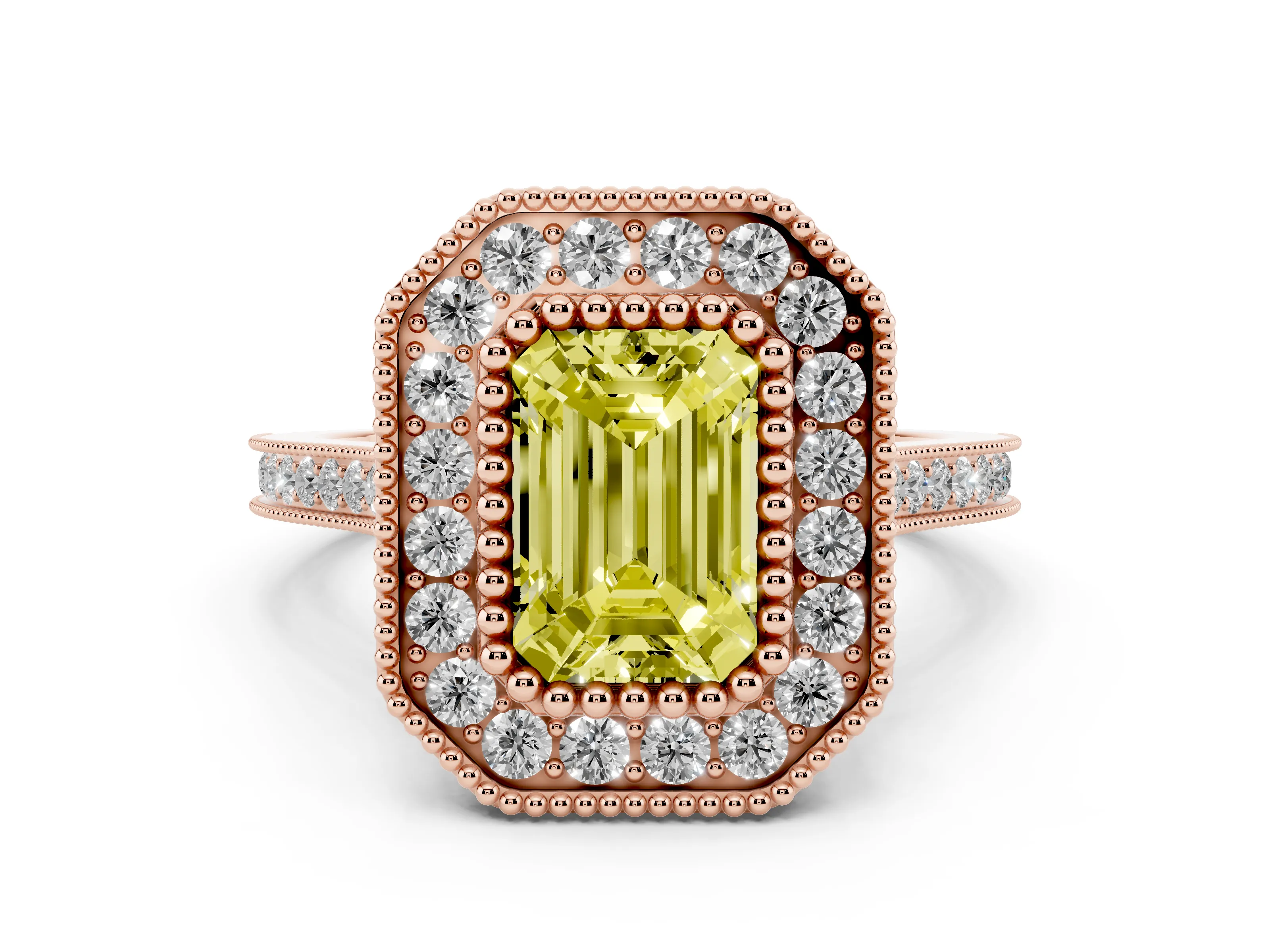 Fancy Yellow Emerald Cut Diamond Halo Ring Set in Rose gold with Milgrain Frame and Pavé Band
