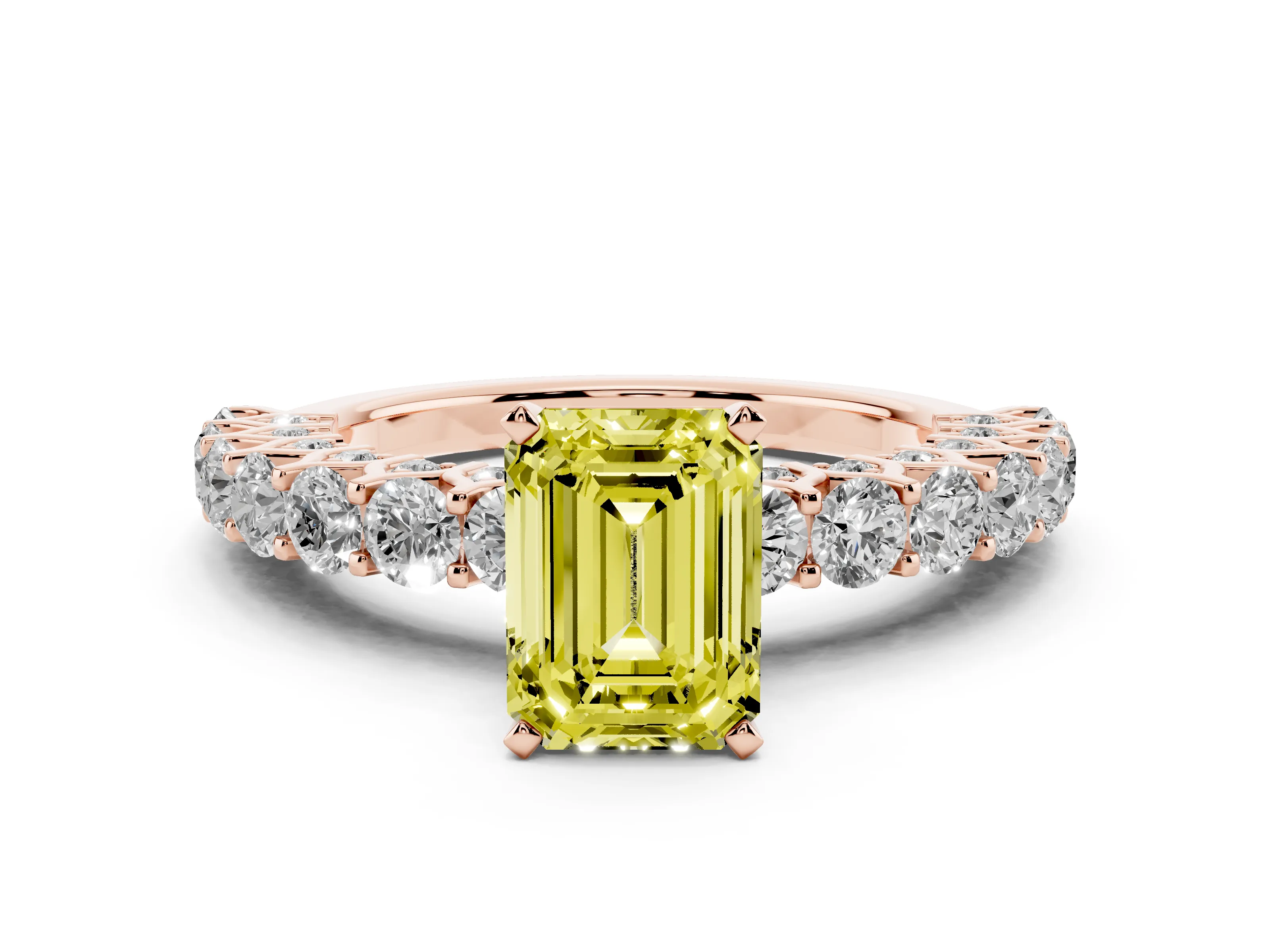 Fancy Yellow Emerald Cut Diamond Solitaire Ring Set in Rose gold with Shared Prong Pavé Band