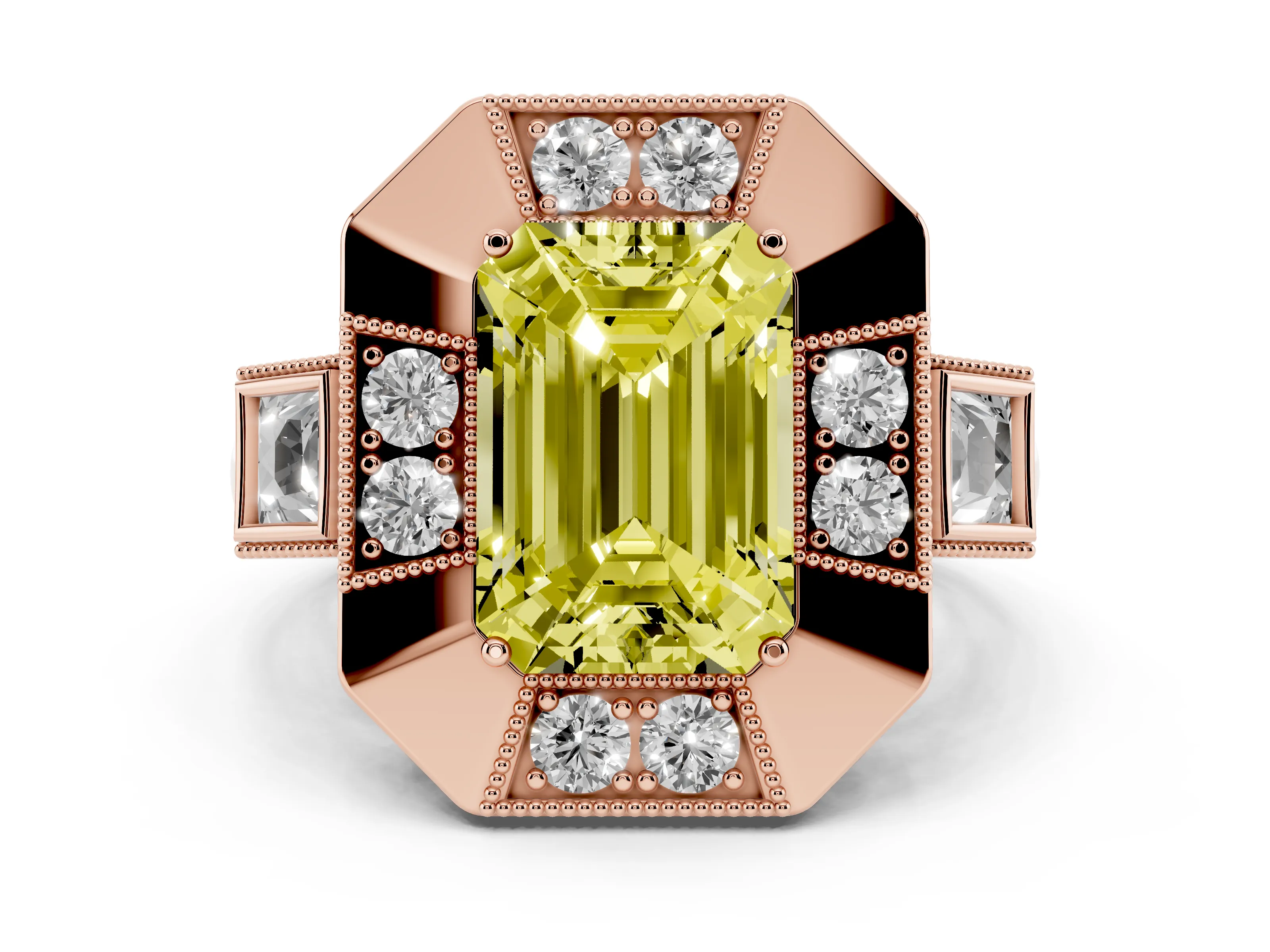 Fancy Yellow Emerald Cut Diamond Milgrain Halo Ring Set in Rose gold with Split Shank