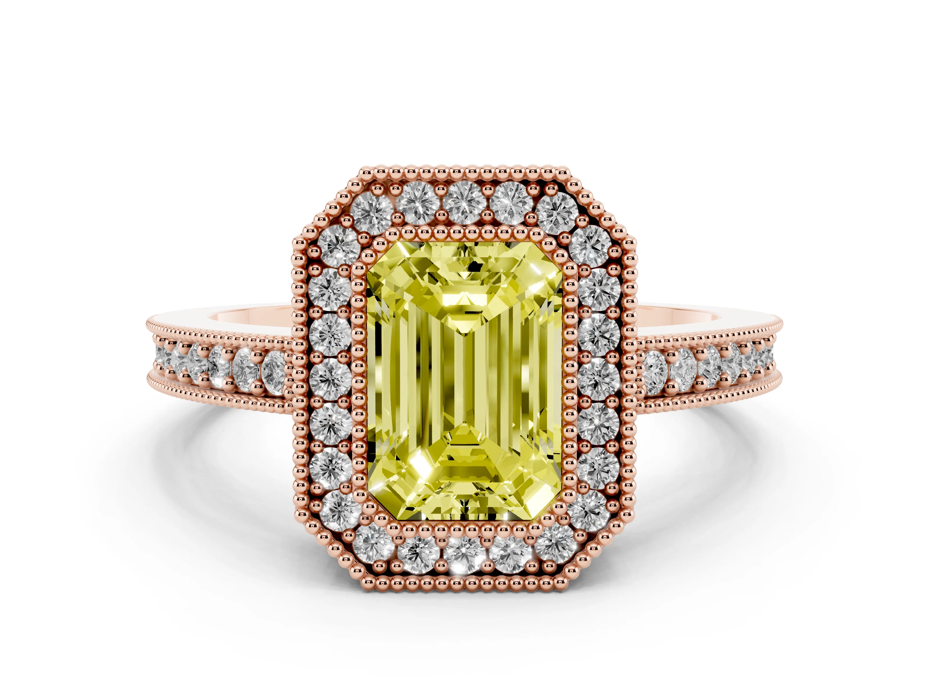 Fancy Yellow Emerald Cut Diamond Halo Engagement Ring Set in Rose gold with Pavé Band and Round Halo Stones