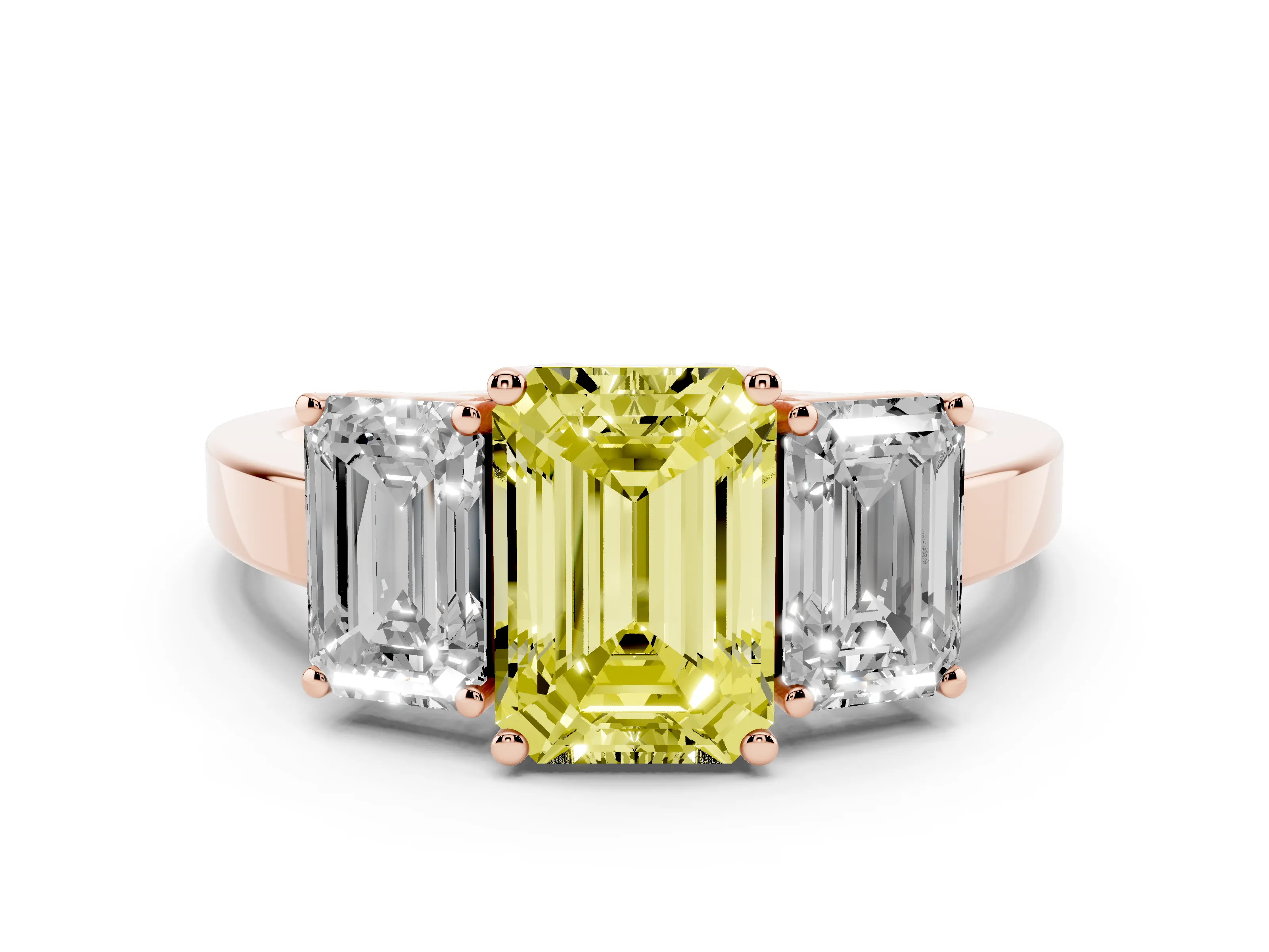 Fancy Yellow Emerald Cut Diamond Three-Stone Engagement Ring Set in Rose gold with Flat Band