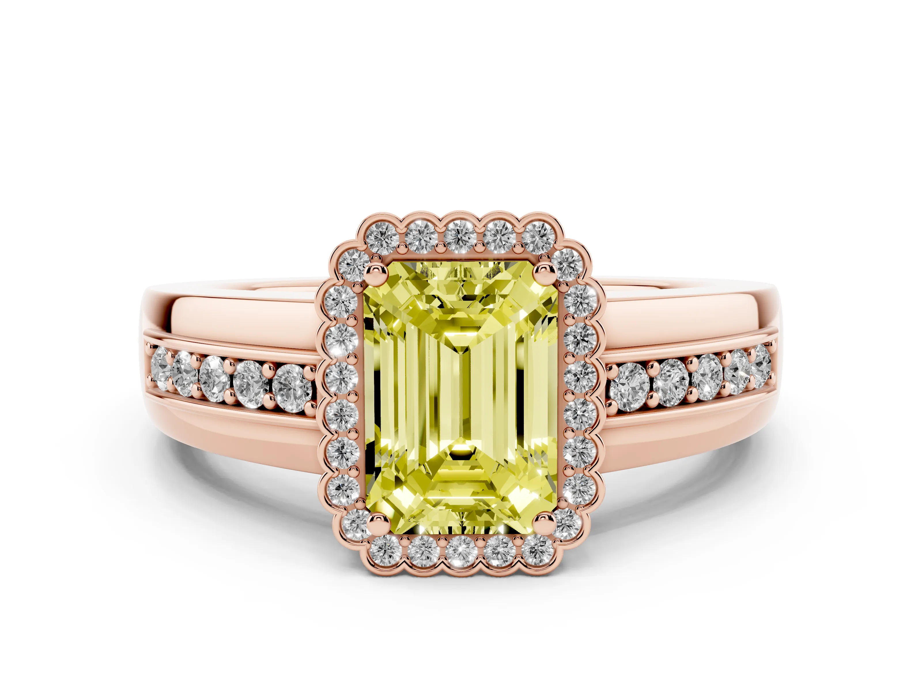 Fancy Yellow Emerald Cut Diamond Halo Prong Ring Set in Rose gold with Pavé Band
