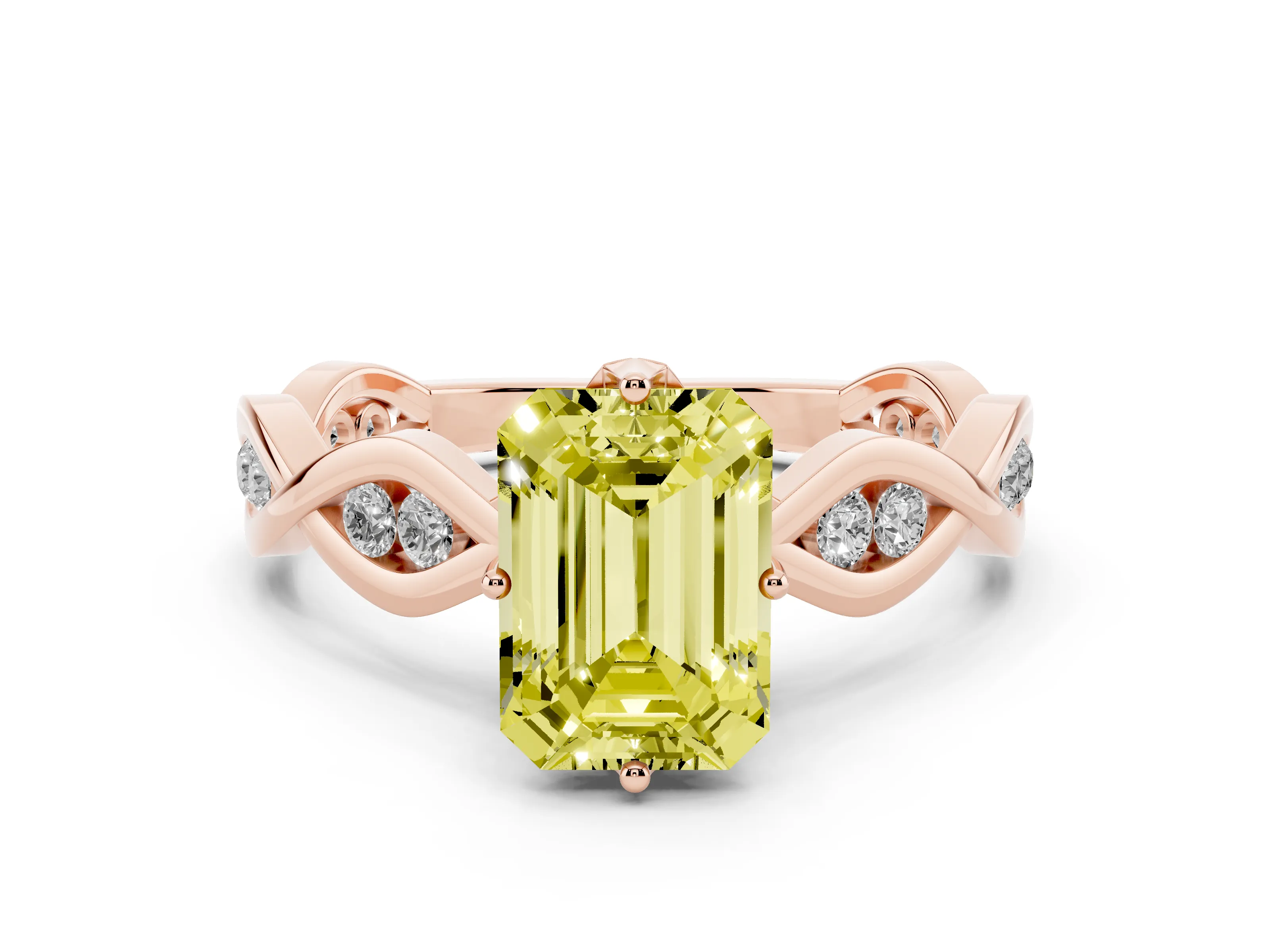 Fancy Yellow Emerald Cut Diamond Twist Band Solitaire Ring Set in Rose gold with Leaf Prong Setting and Accent Stones