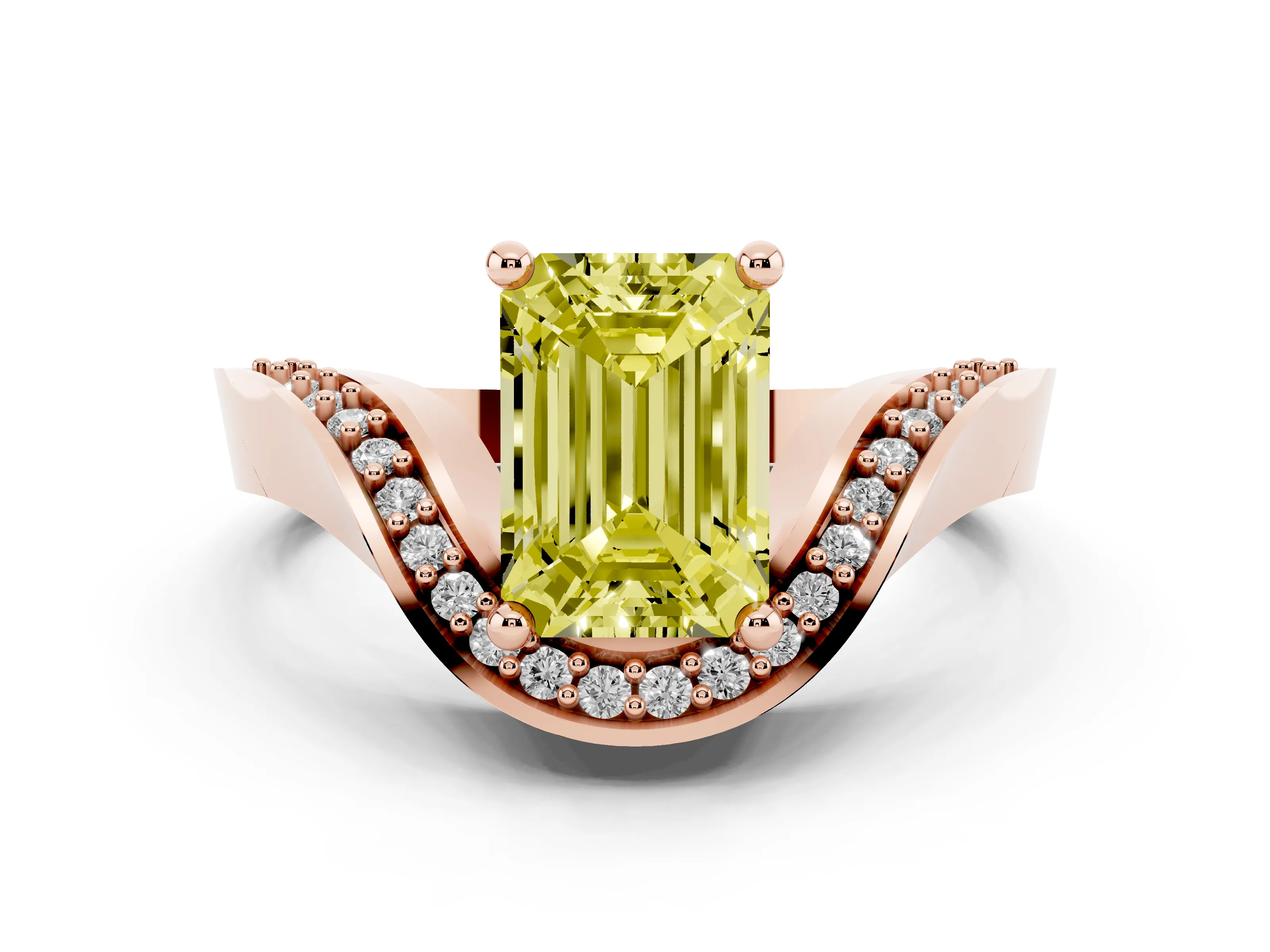 Fancy Yellow Emerald Cut Diamond Solitaire Engagement Ring Set in Rose gold with Pavé Shoulders