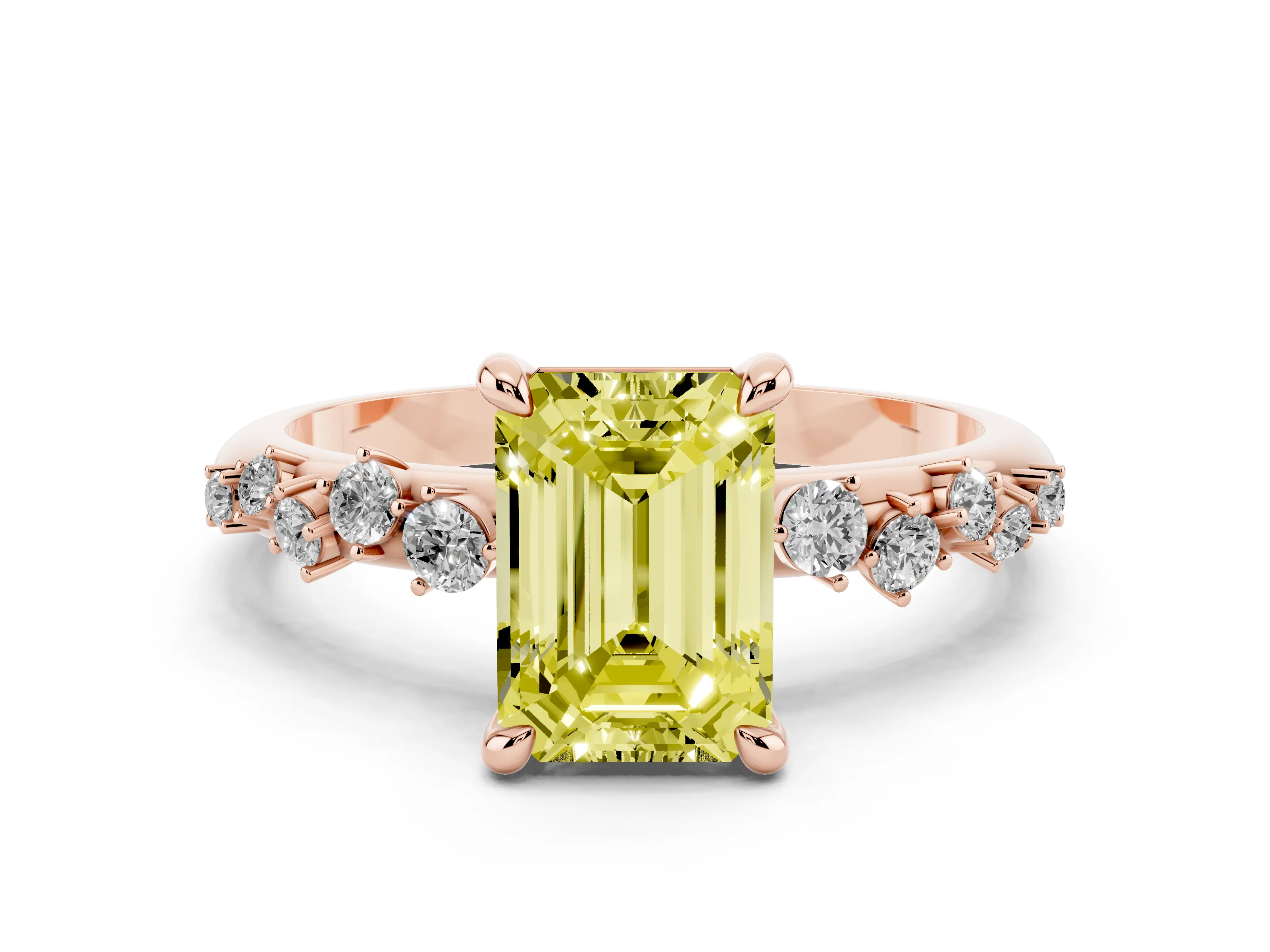 Fancy Yellow Emerald Cut Diamond Solitaire Vine Band Ring Set in Rose gold with Round Accents and Prong Setting