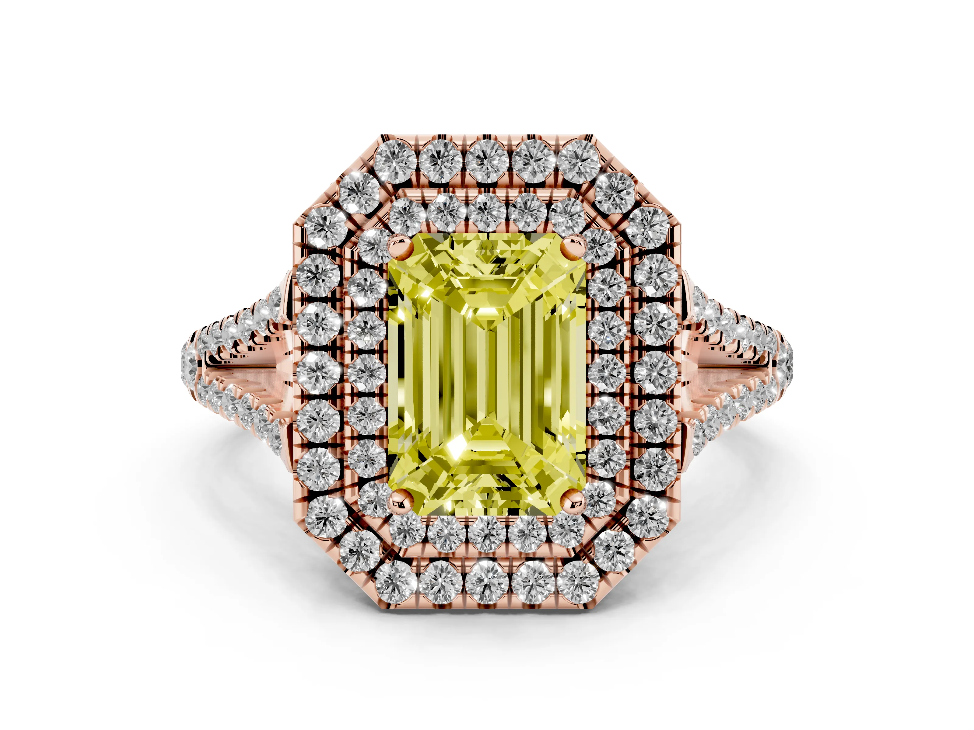 Fancy Yellow Emerald Cut Diamond Double Halo Ring Set in Rose gold with Pavé Band