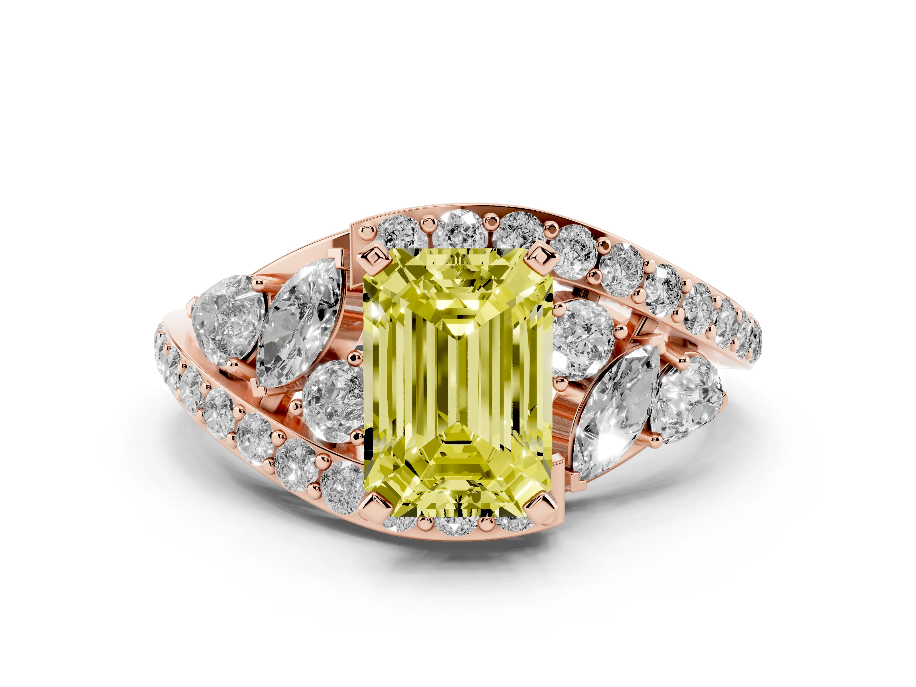 Fancy Yellow Emerald Cut Diamond Halo Ring Set in Rose gold with Marquise and Pavé Band in Prong Setting