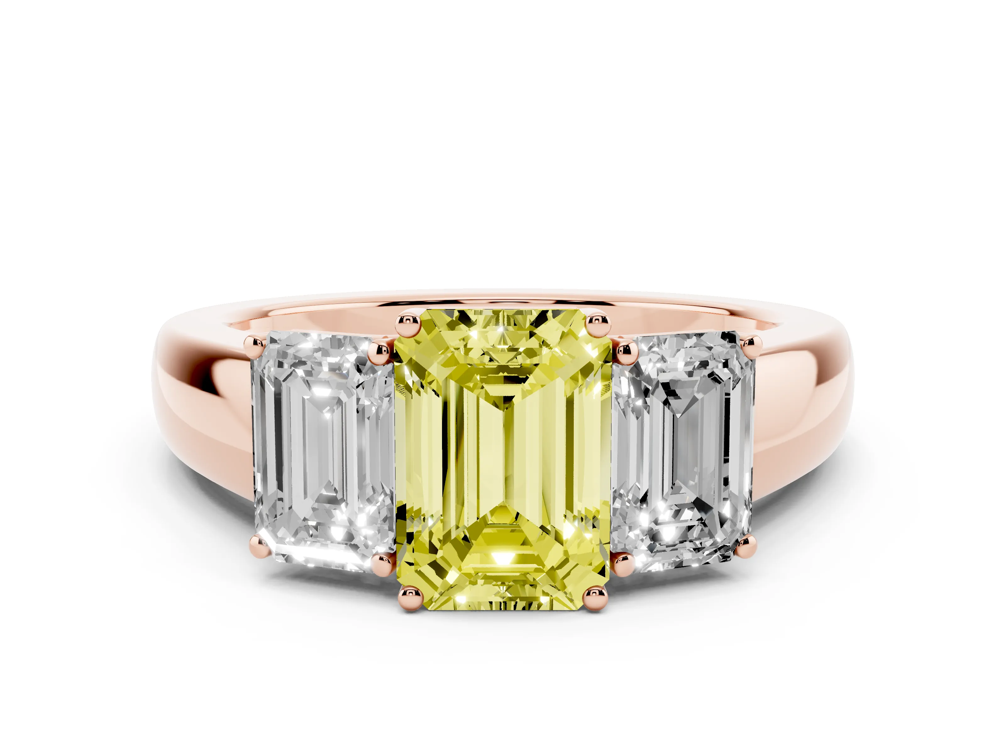 Fancy Yellow Three-Stone Emerald Cut Diamond Ring Set in Rose gold with Matching Prong Settings and Plain Band