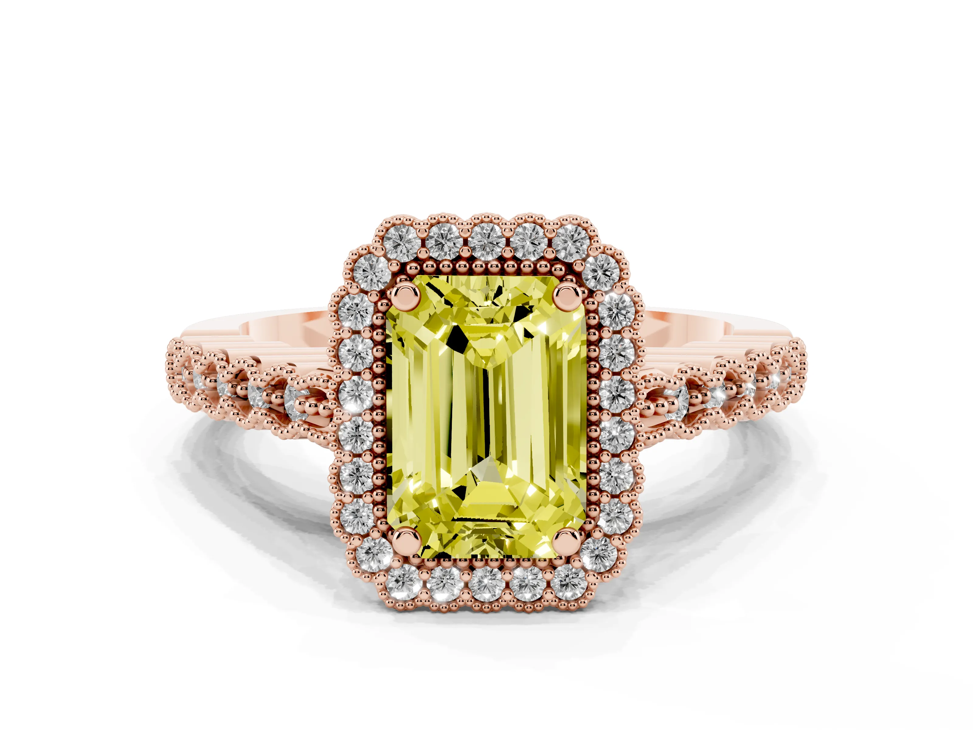 Fancy Yellow Emerald Cut Diamond Halo Ring Set in Rose gold with Pavé Milgrain Band