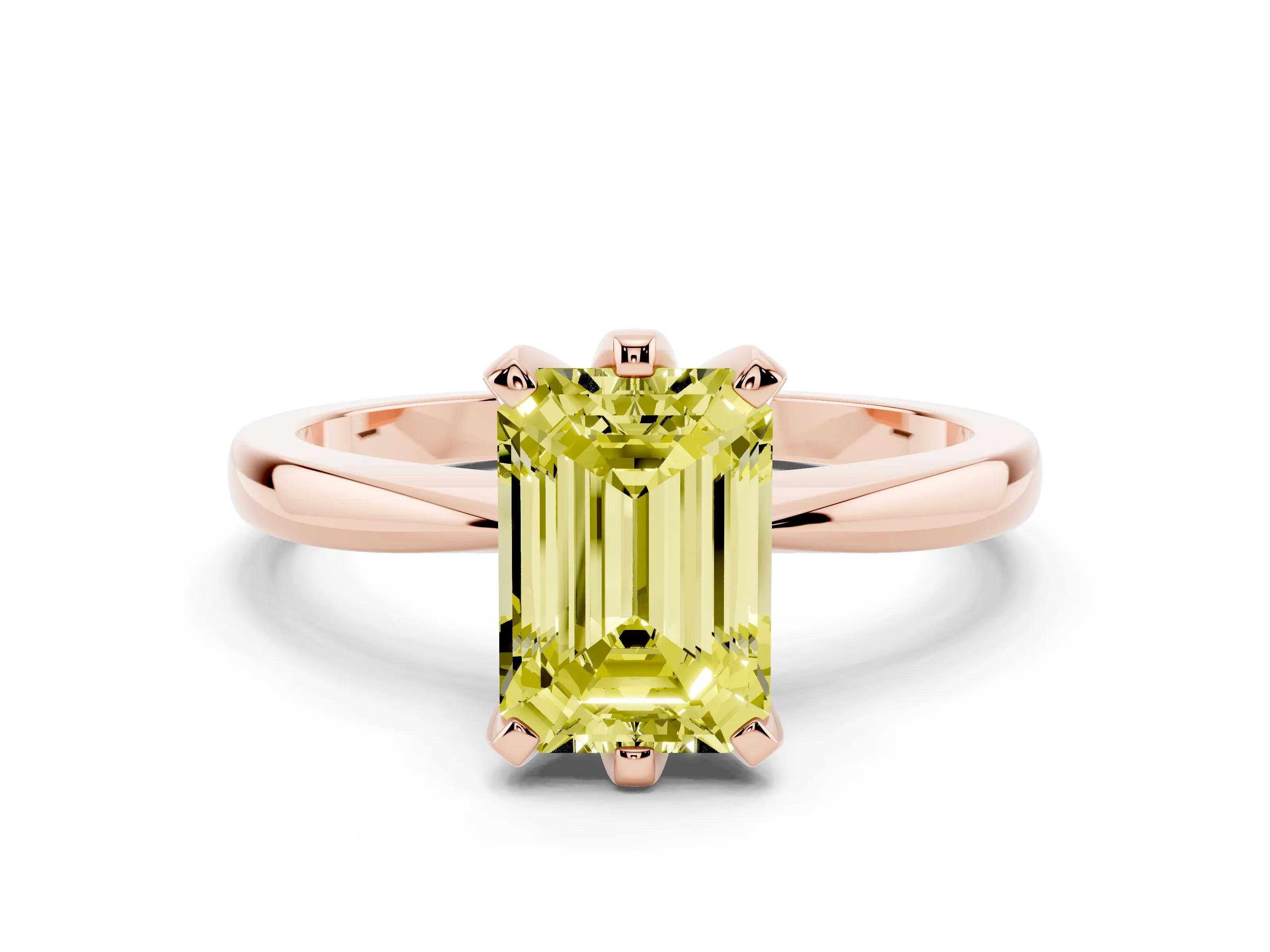 Fancy Yellow Emerald Cut Diamond Solitaire Engagement Ring Set in Rose gold with Slim Tapered Solitaire Band