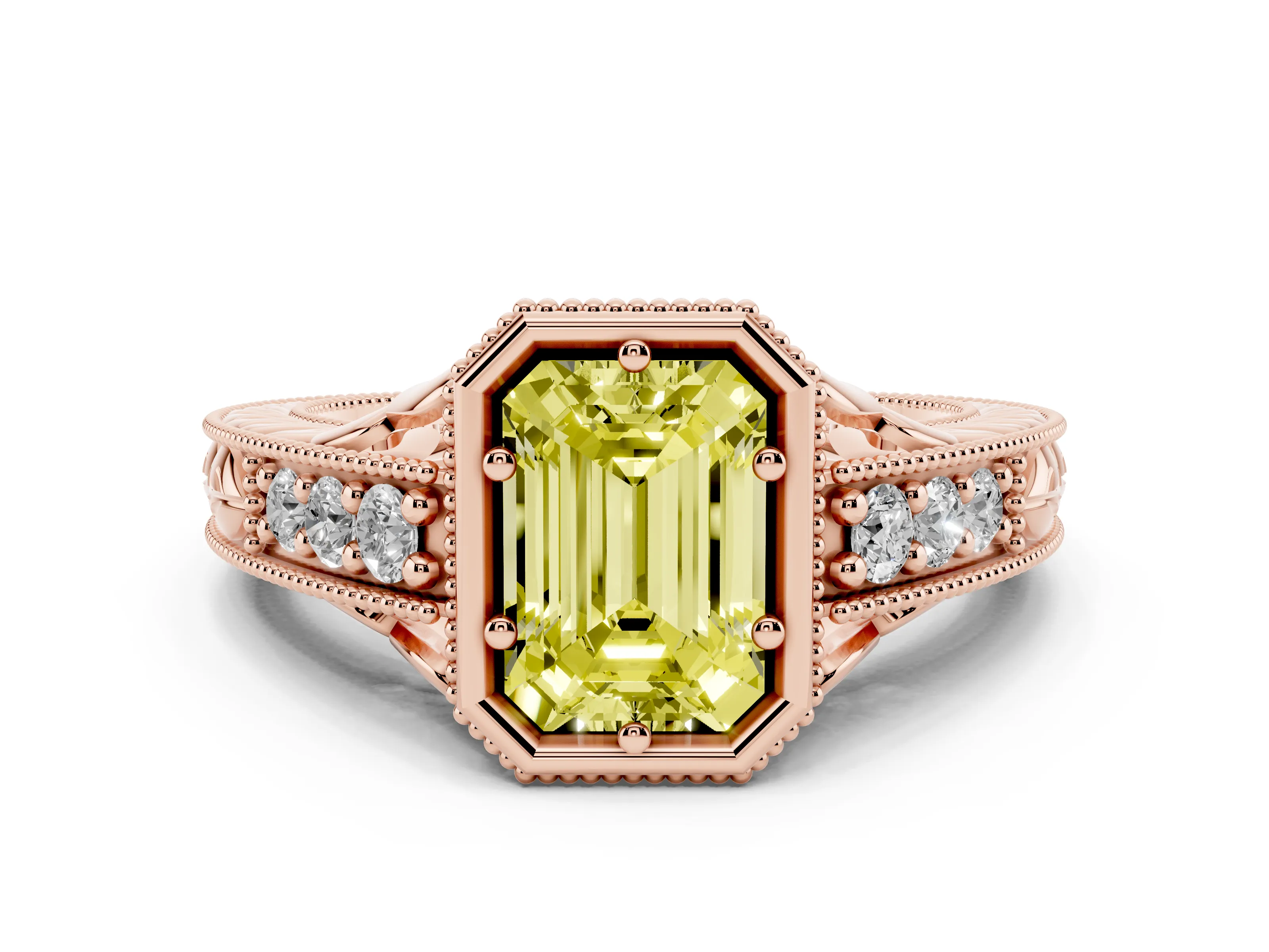 Fancy Yellow Bezel Set Emerald Cut Diamond Milgrain Pavé Engagement Ring Set in Rose gold