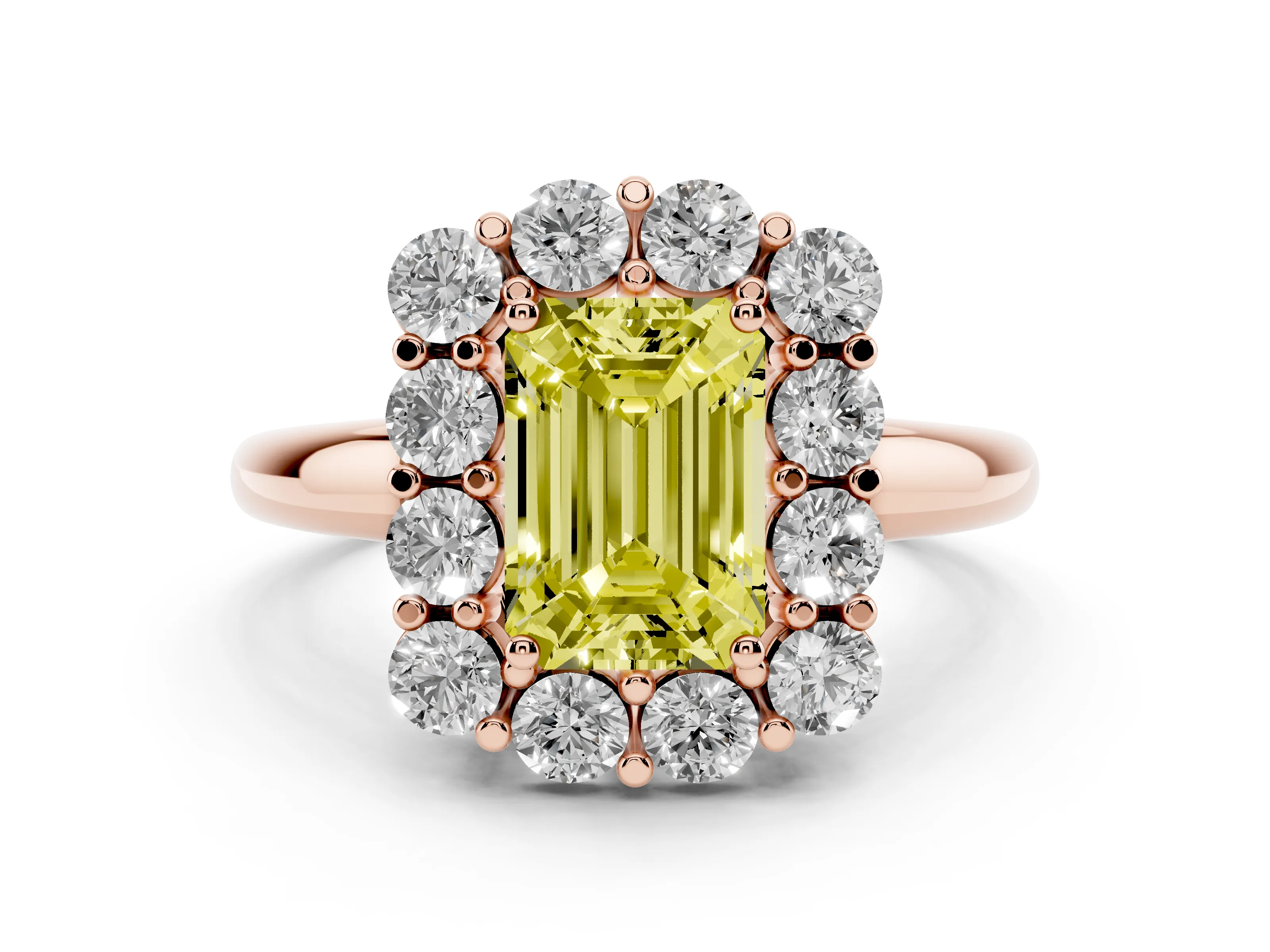 Fancy Yellow Emerald Cut Diamond Halo Cluster Engagement Ring Set in Rose gold with Polished Band and Prong Setting