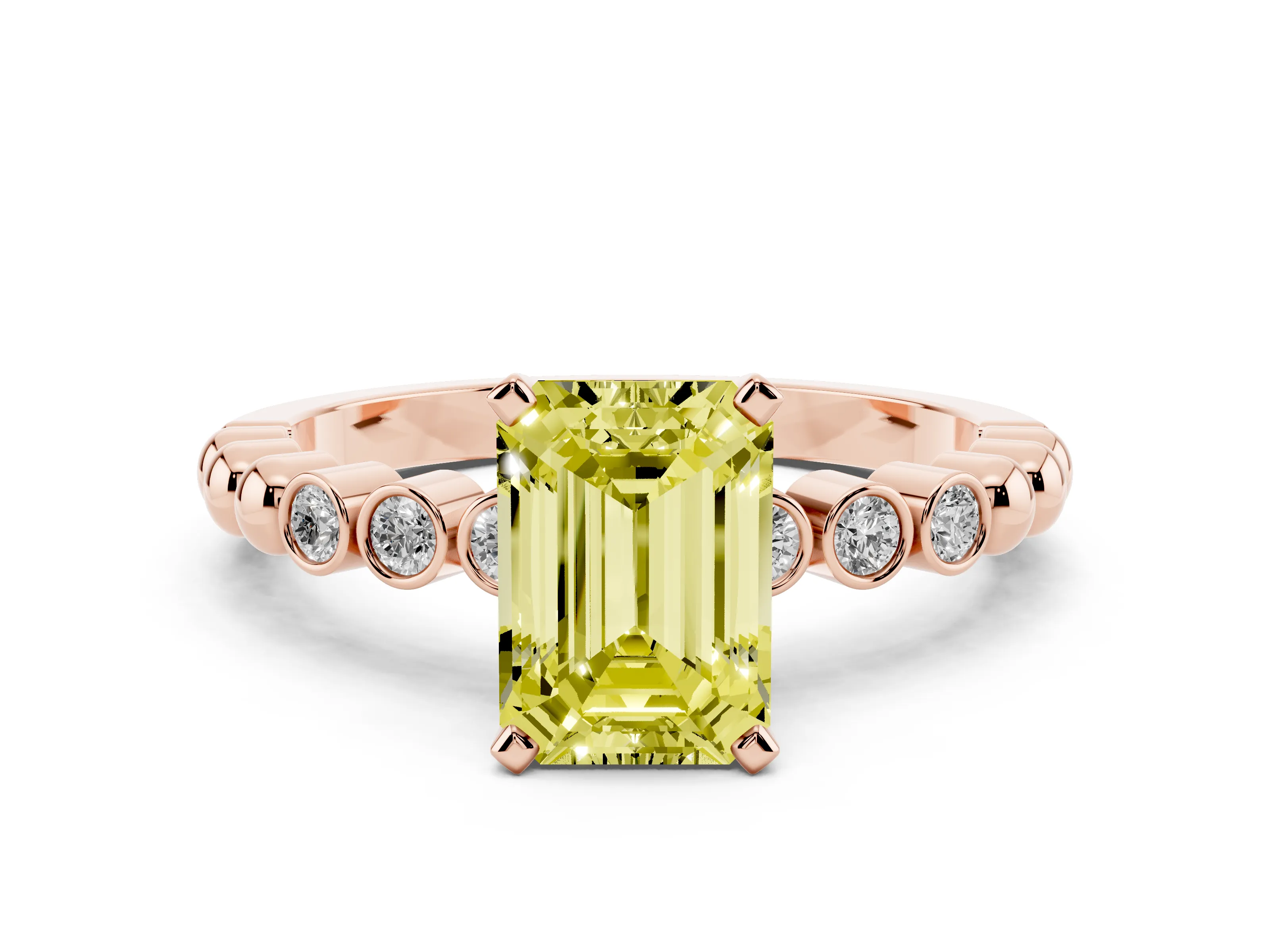 Fancy Yellow Emerald Cut Diamond Solitaire Engagement Ring Set in Rose gold with Bezel Accents on Beaded Band