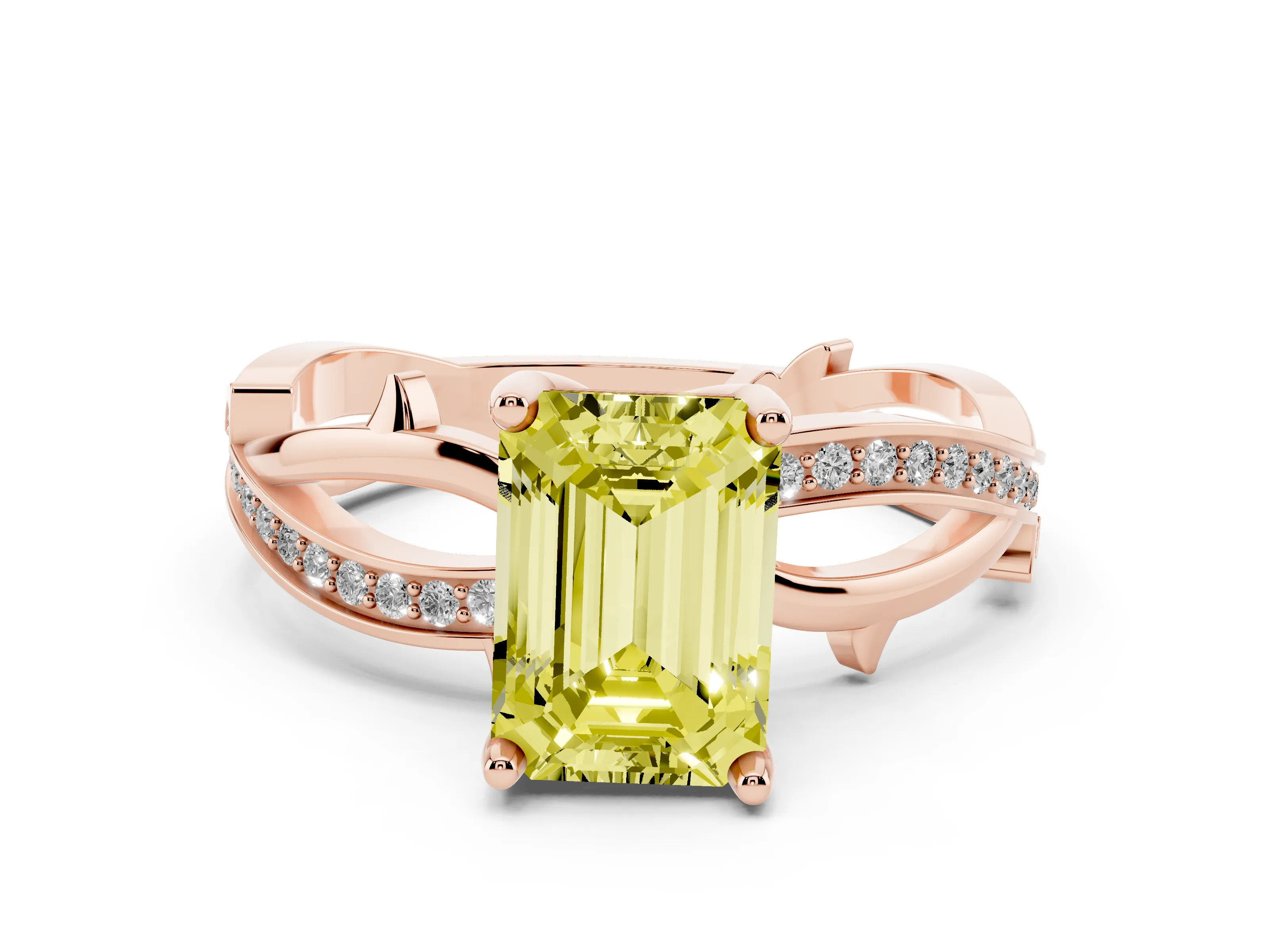 Fancy Yellow Emerald Cut Diamond Pavé Twist Band Solitaire Ring Set in Rose gold with Prong Setting