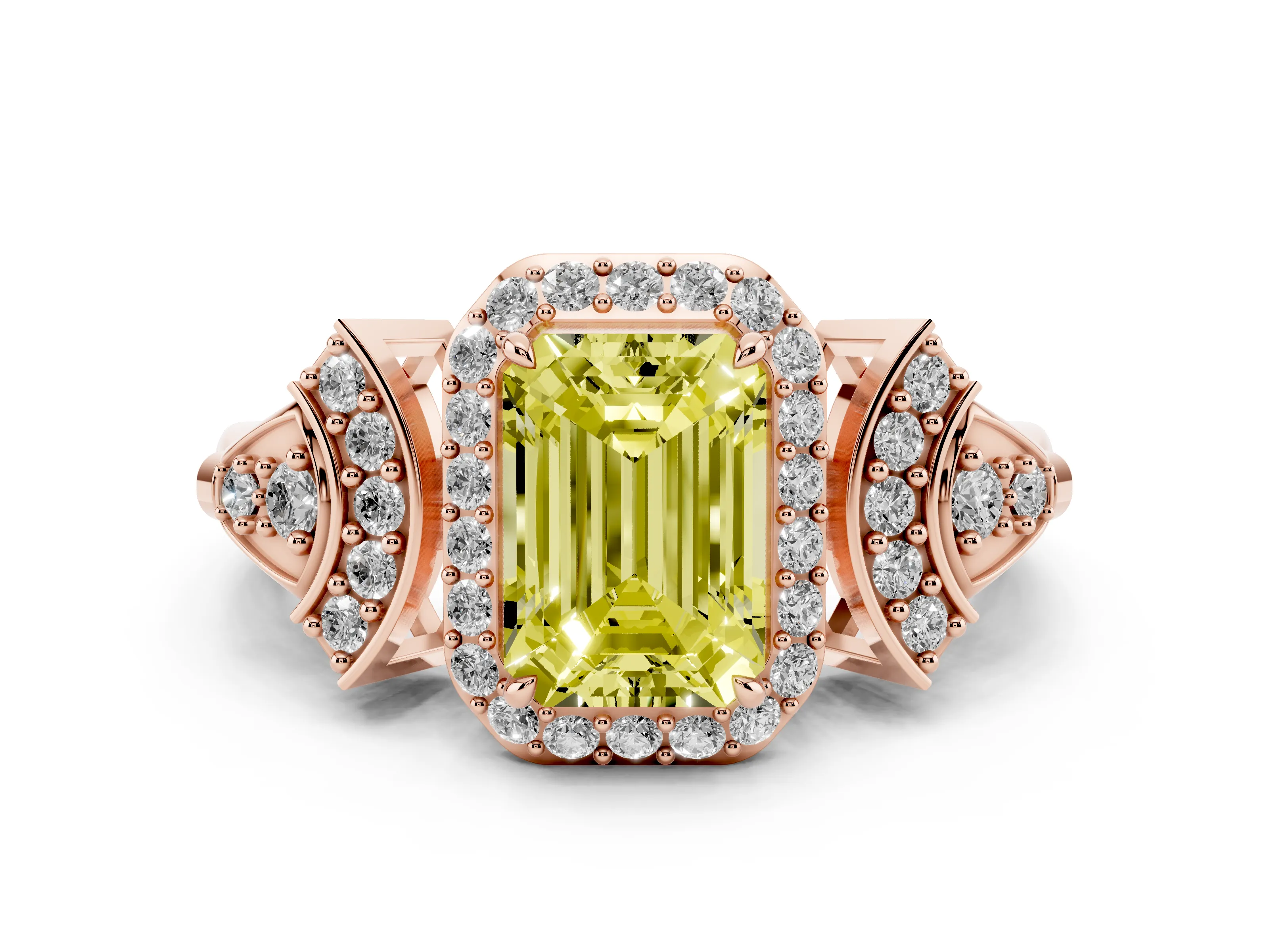 Fancy Yellow Emerald Cut Diamond Halo Engagement Ring Set in Rose gold with Accent Stone Split Shank