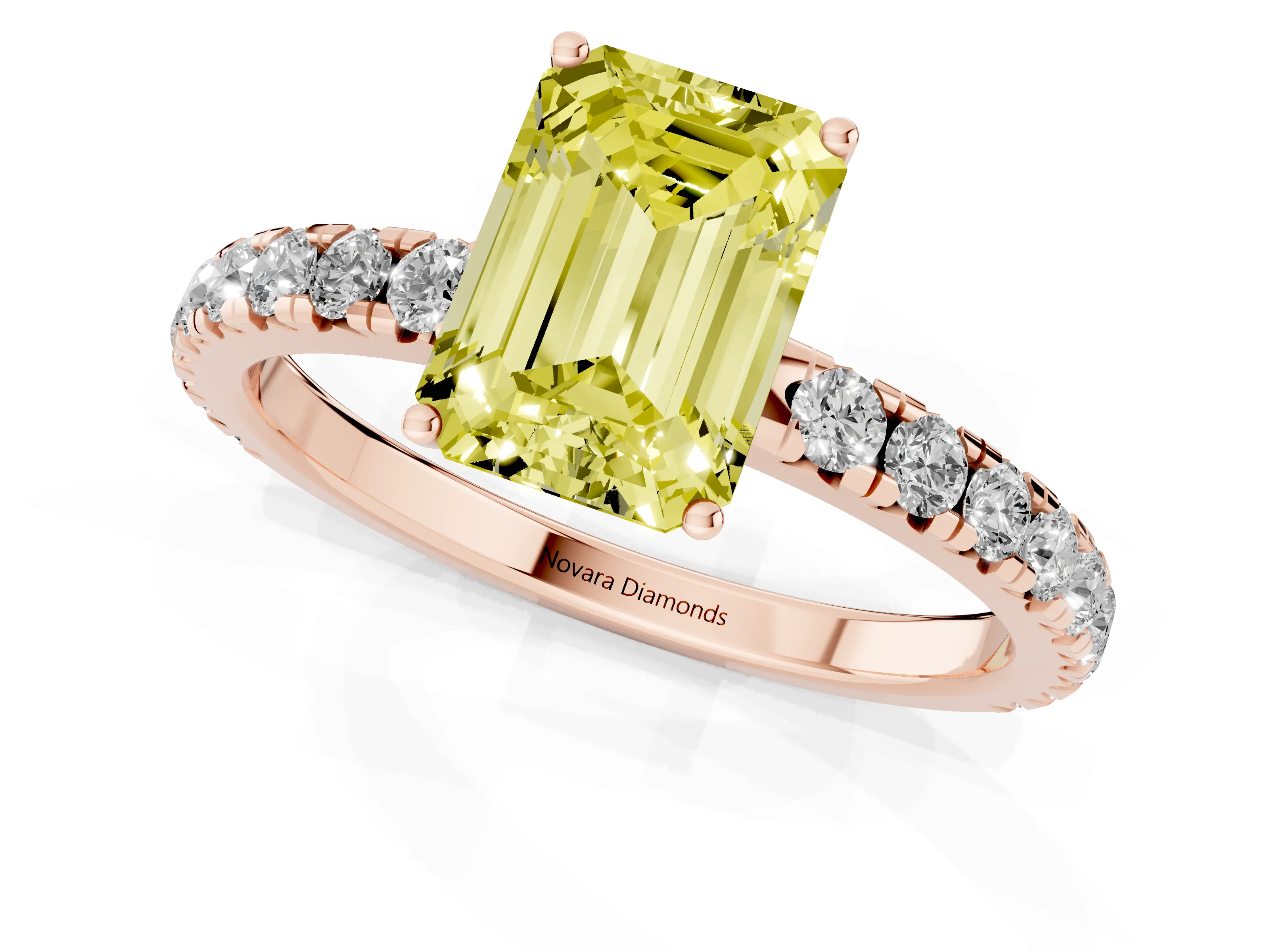 Fancy Yellow Emerald Cut Diamond Pavé Solitaire Engagement Ring Set in Rose gold with Prong Setting