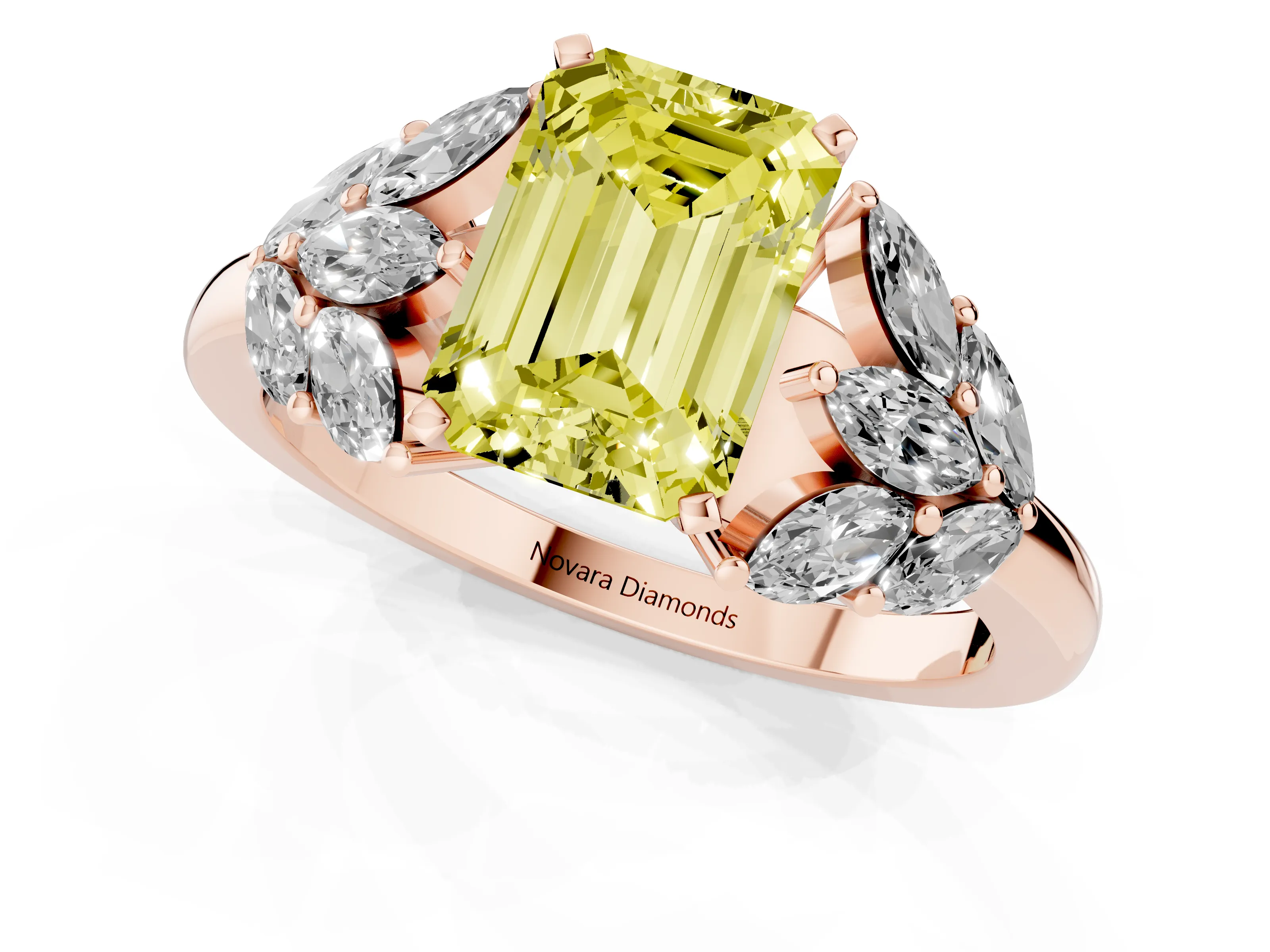 Fancy Yellow Emerald Cut Diamond Cluster Leaf Design Ring Set in Rose gold with Prong Setting