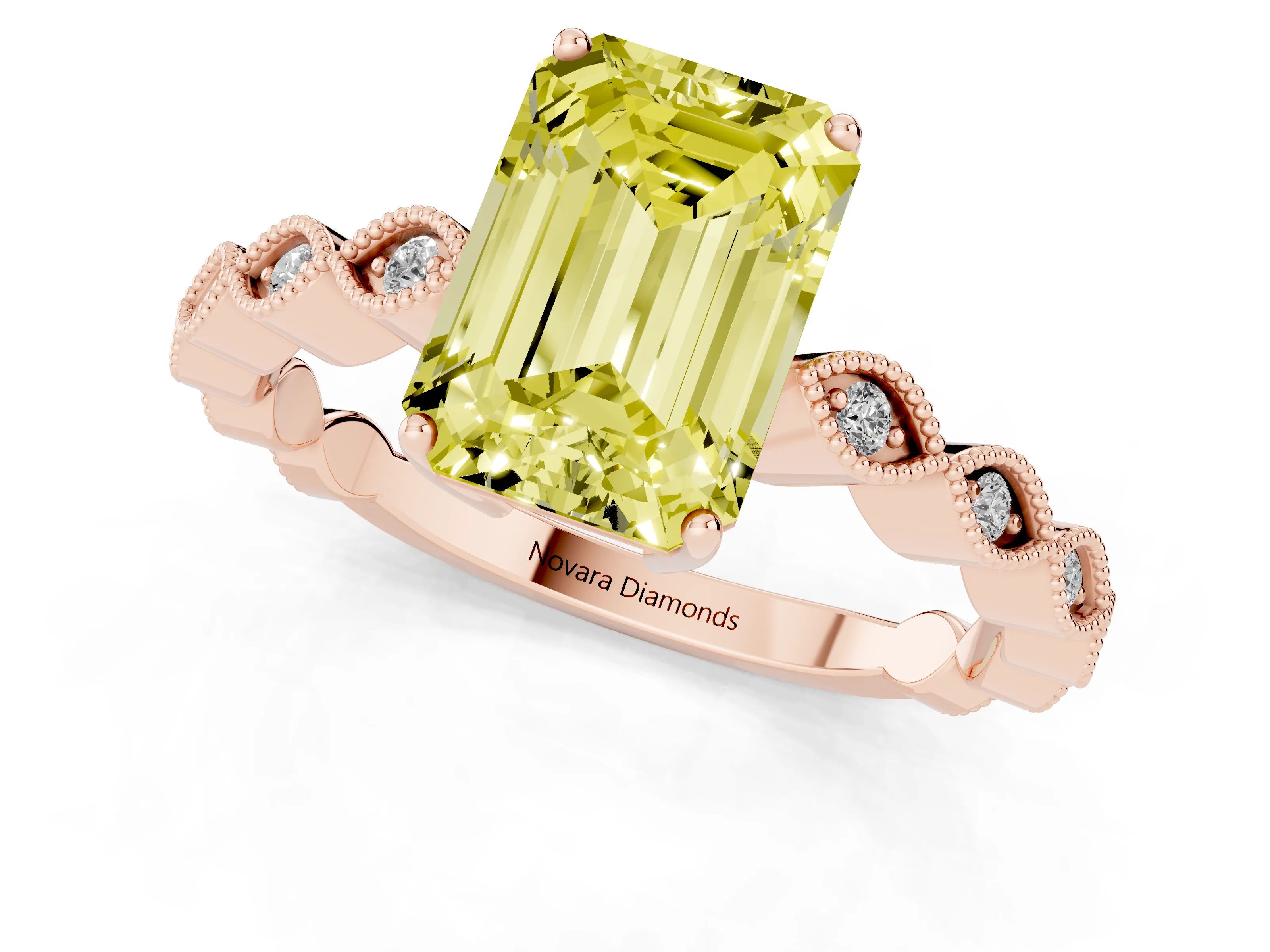 Fancy Yellow Emerald Cut Diamond Solitaire Ring Set in Rose gold with Infinity Twist Pavé Band
