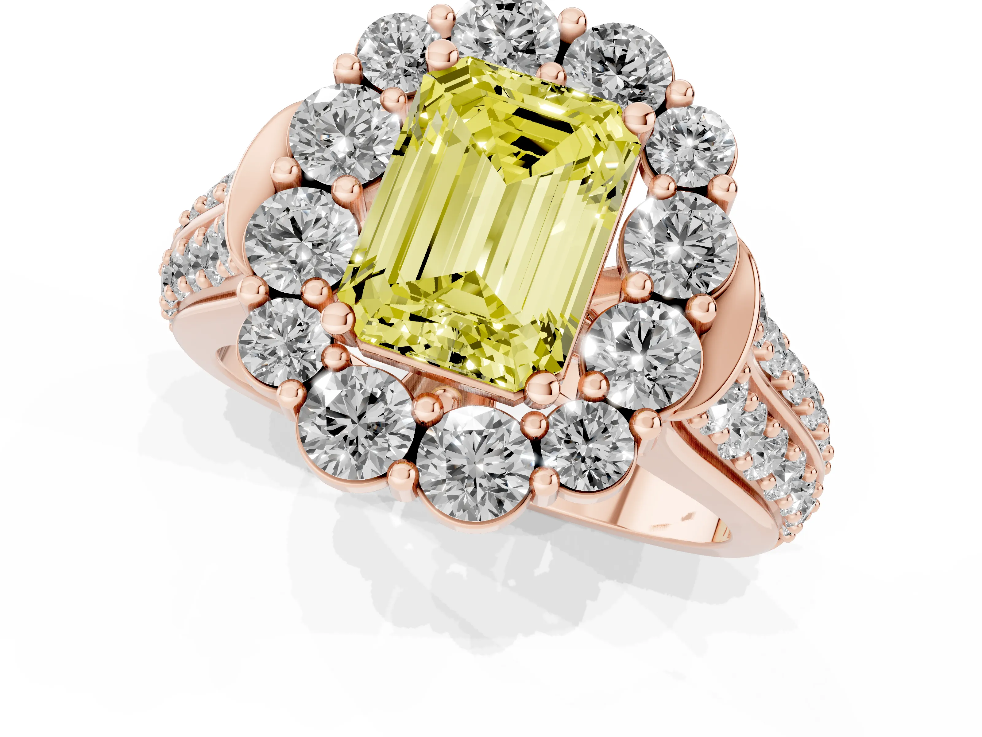Fancy Yellow Emerald Cut Diamond Halo Engagement Ring Set in Rose gold with Split Shank and Prong Setting