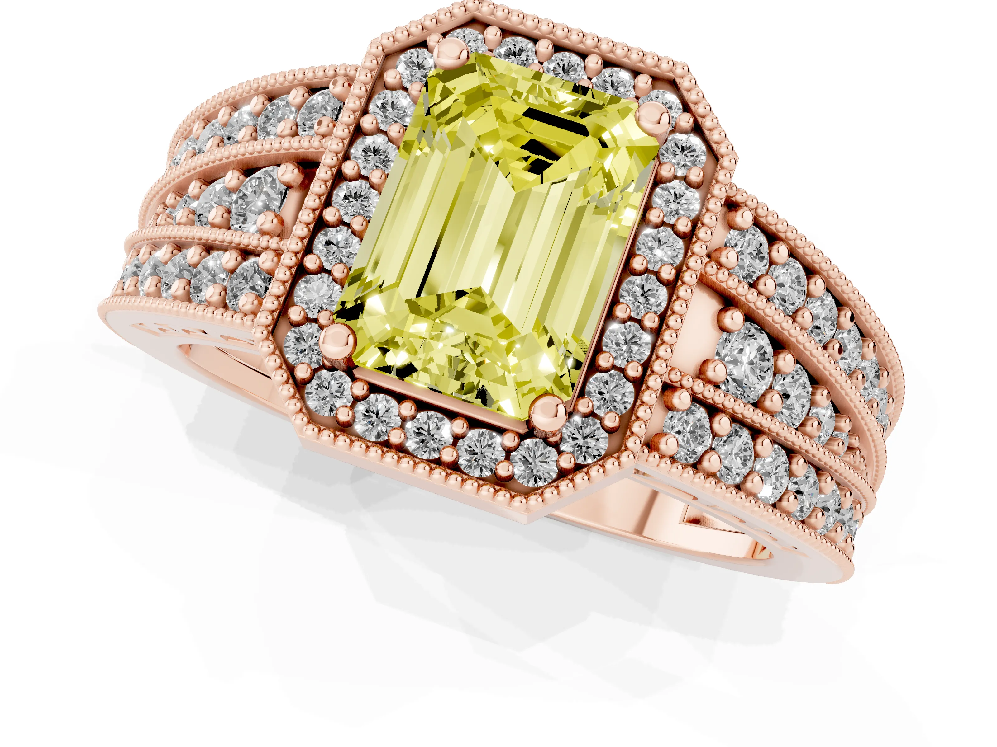 Fancy Yellow Emerald Cut Diamond Halo Ring Set in Rose gold with Accent Split Shank and Prong Setting