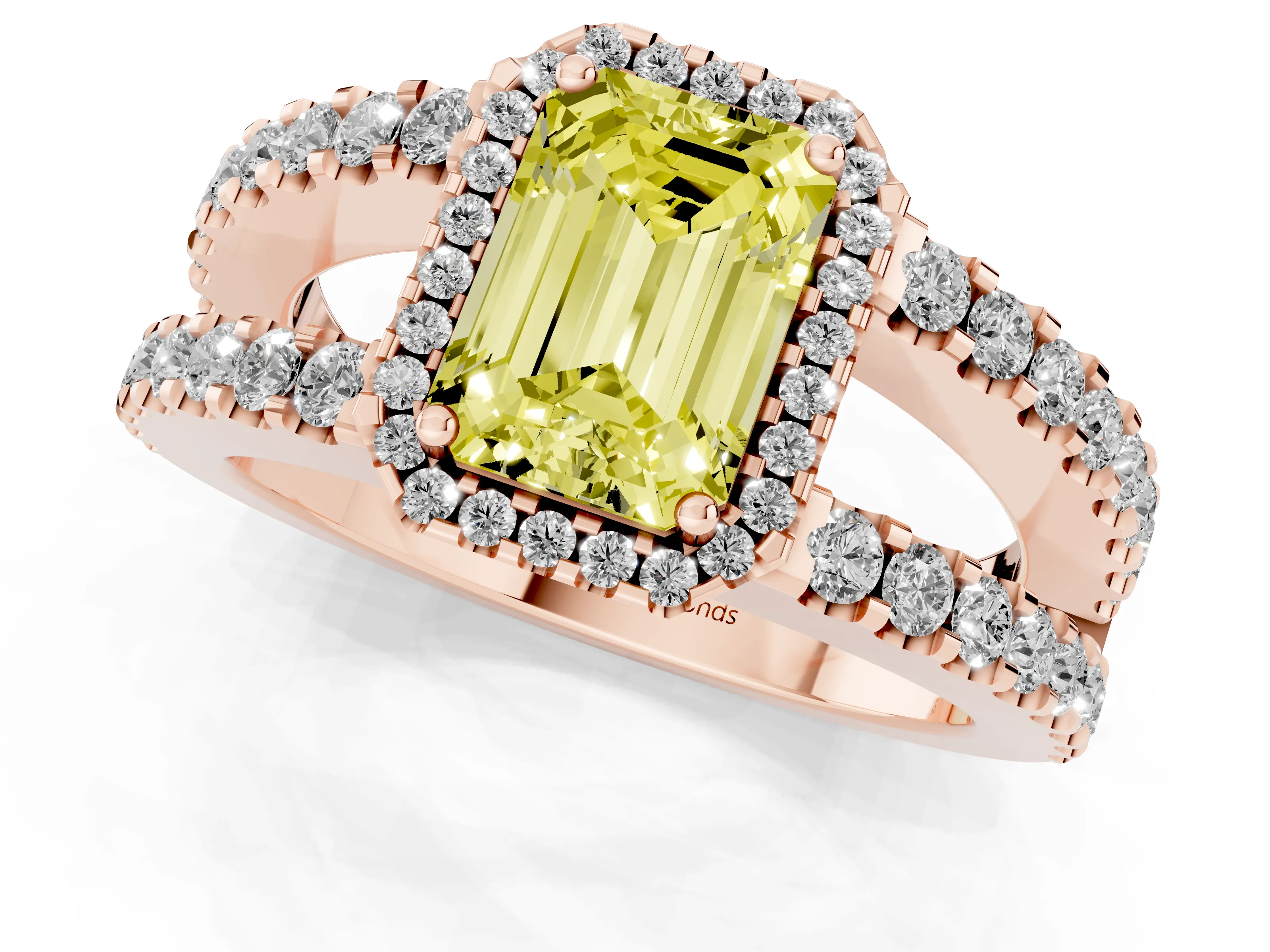 Fancy Yellow Emerald Cut Diamond Halo Ring Set in Rose gold with Pavé Split Shank and Prong Setting