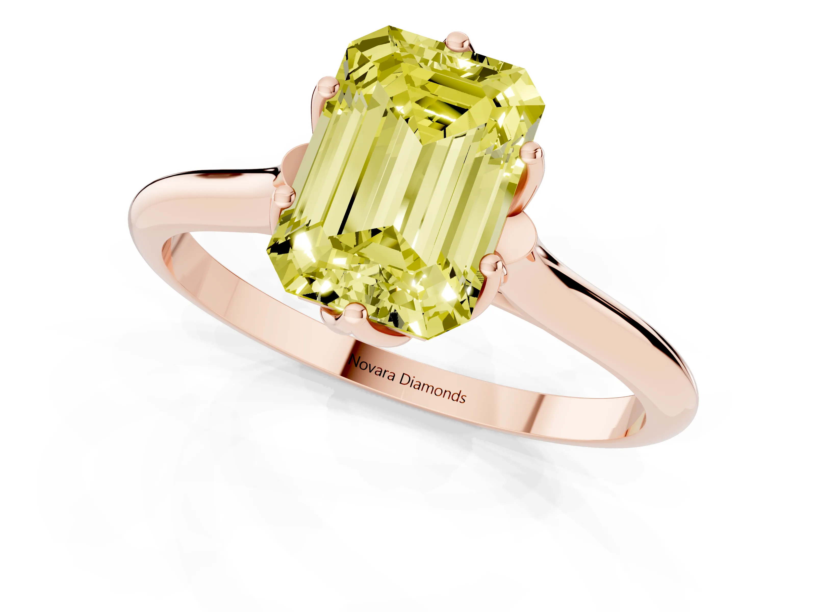 Fancy Yellow Emerald Cut Diamond Solitaire Cathedral Ring Set in Rose gold with Prong Setting