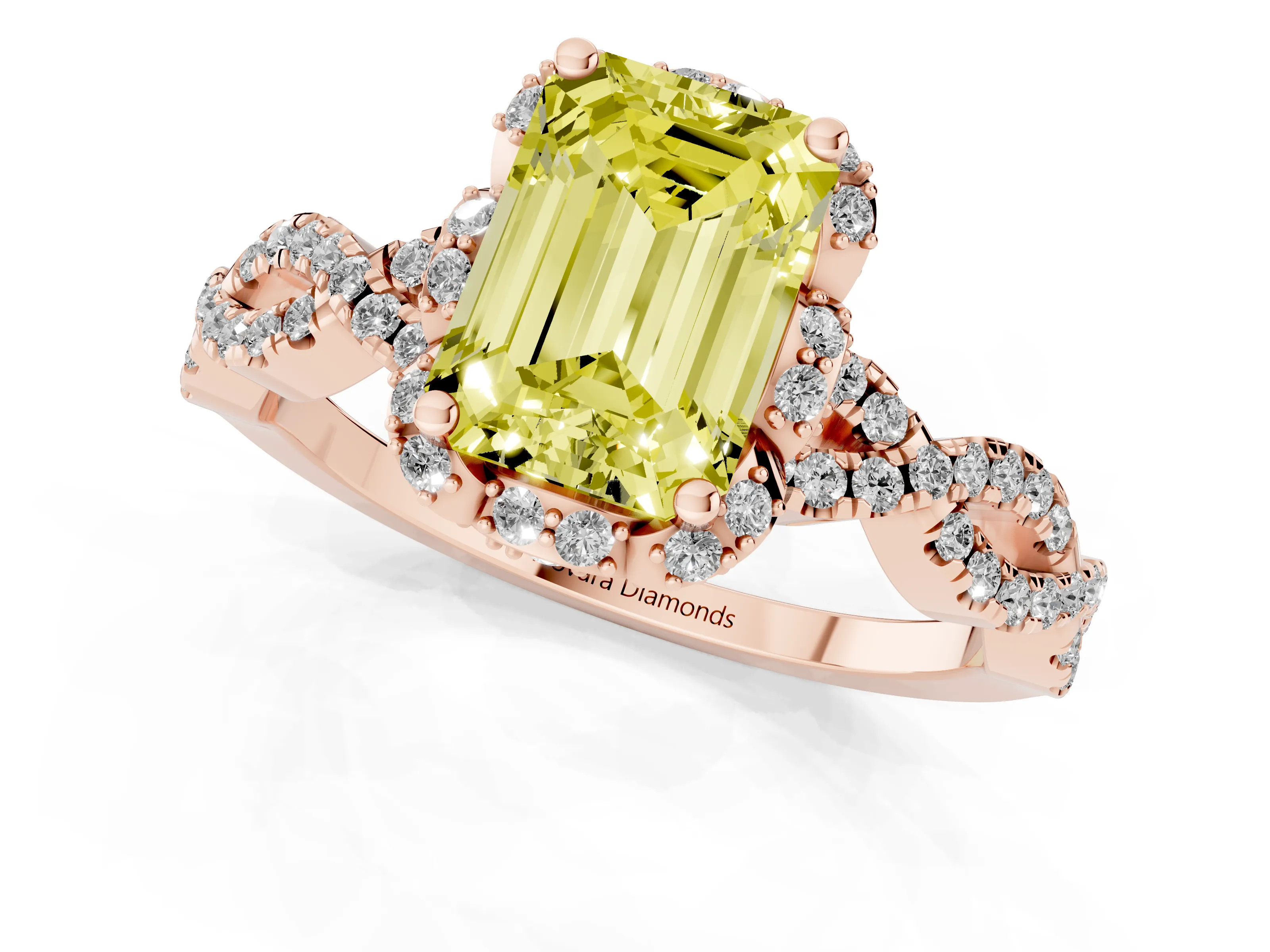 Fancy Yellow Emerald Cut Diamond Halo Twist Band Solitaire Ring Set in Rose gold with Prong-Set Center Stone
